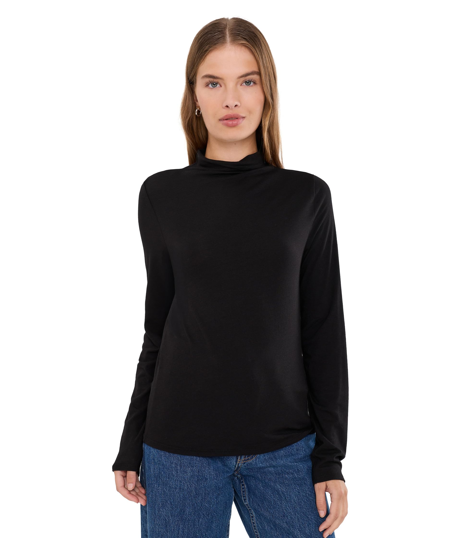 Sheer Cotton Blend Knit Funnel Neck Tee