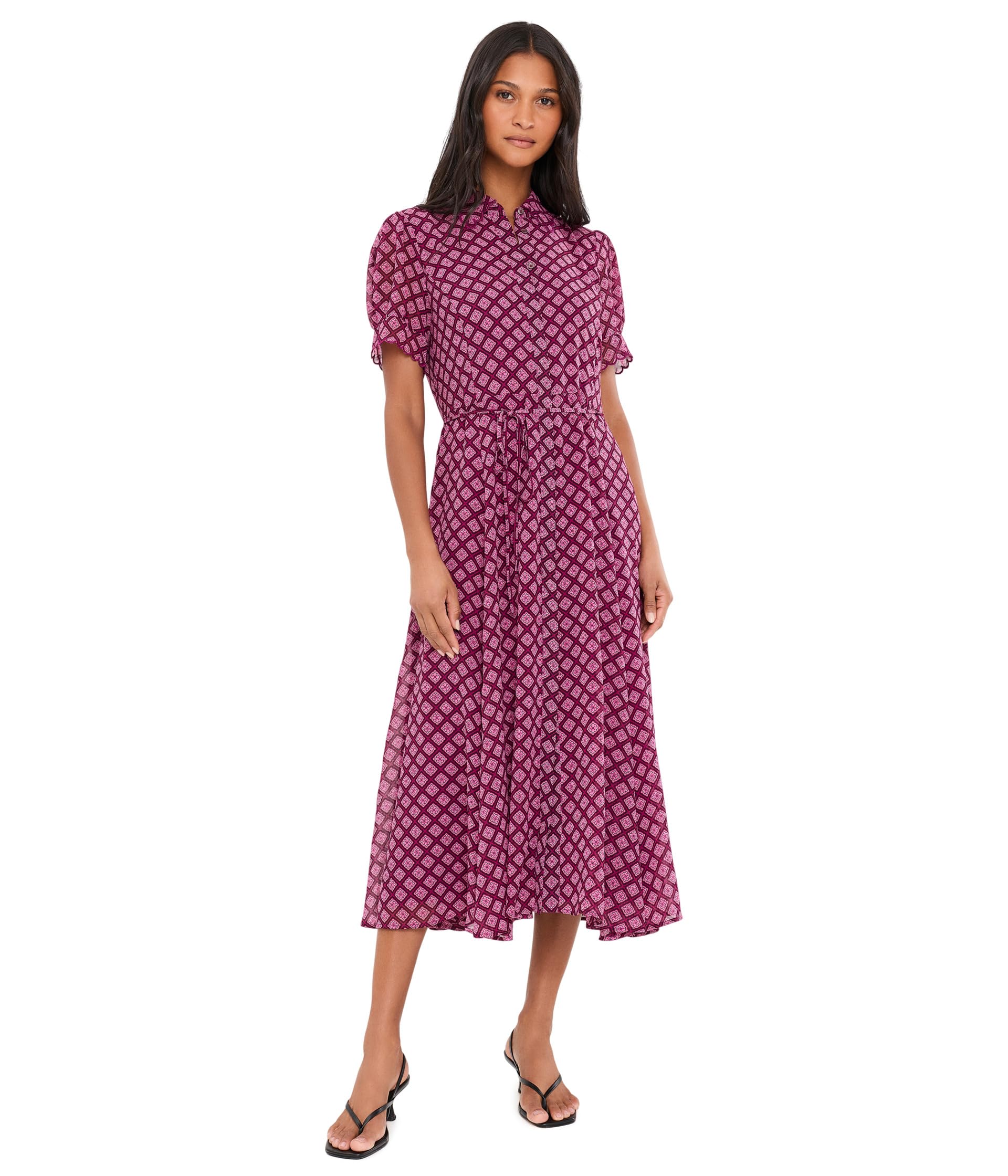 Short Sleeve Scallop Midi Dress with Tie
