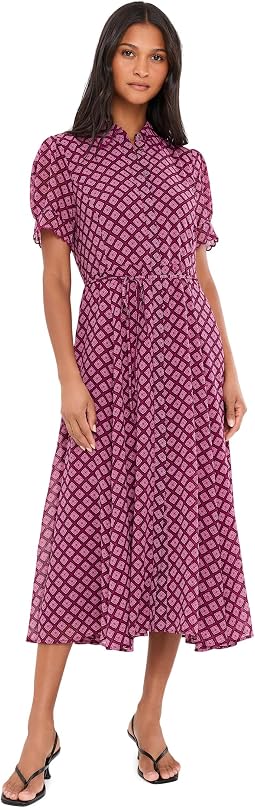 Short Sleeve Scallop Midi Dress with Tie