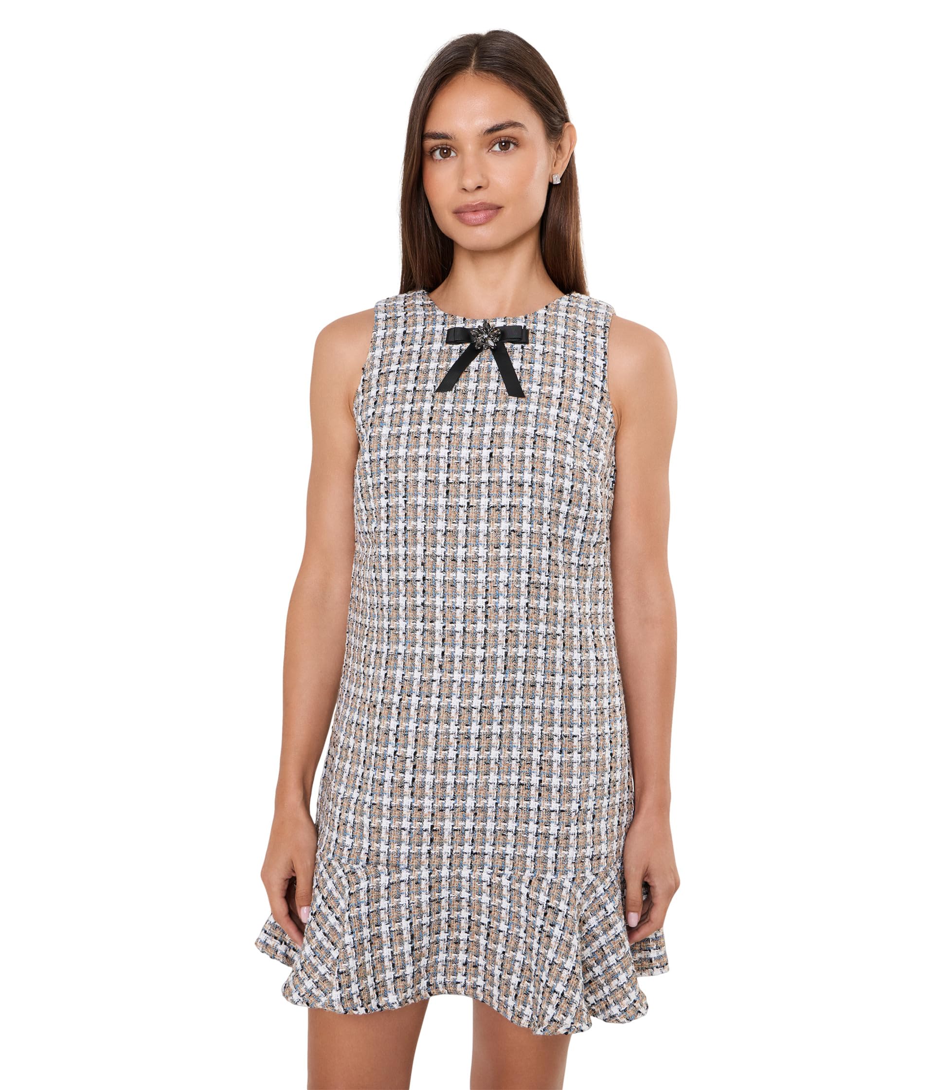 Sleeveless Shift Dress w/ Ruffle Hem and Bow