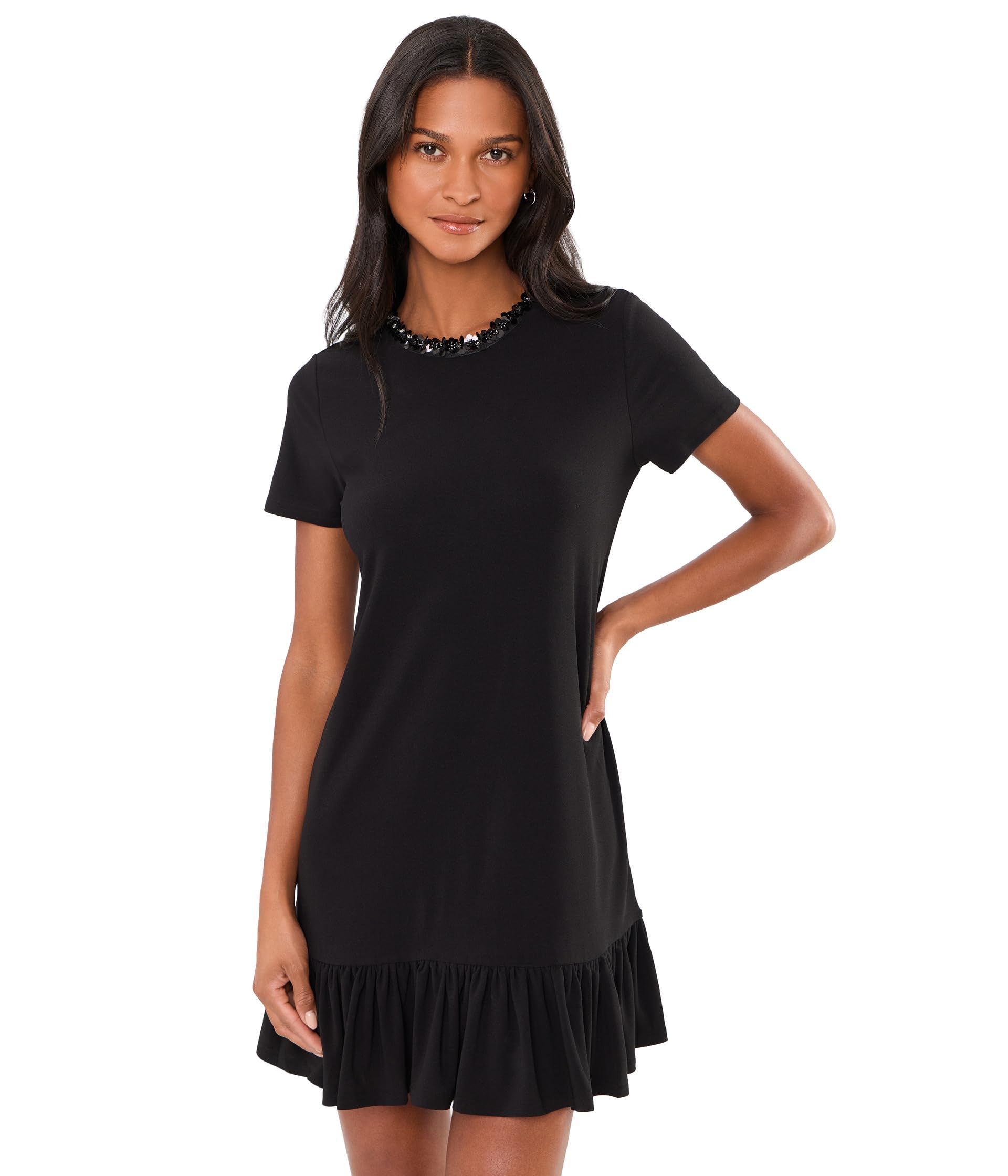 Short Sleeve Ruffle Hem Mini Dress with Sequin Neck Opening