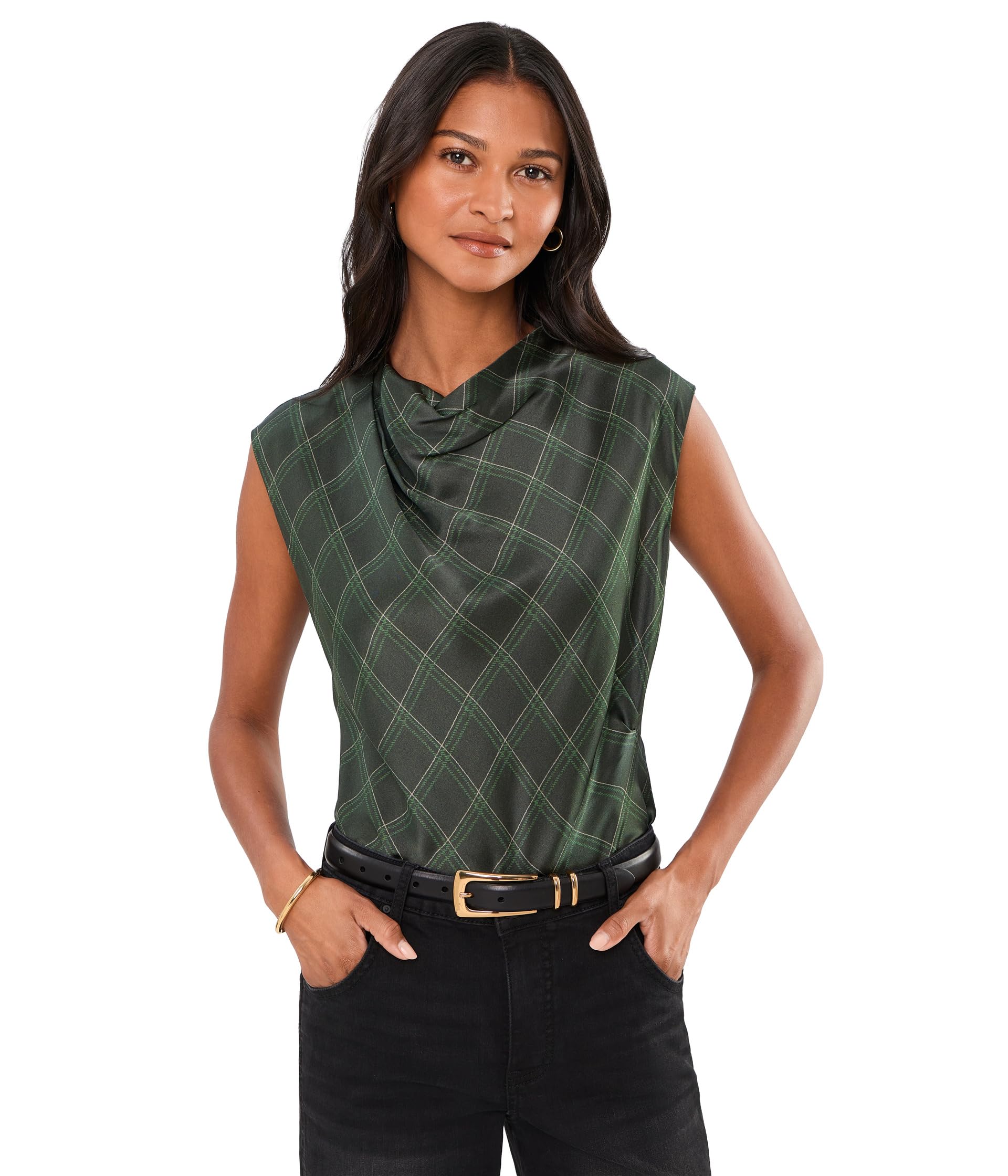 Diamond Plaid On Draped Cowl Neck