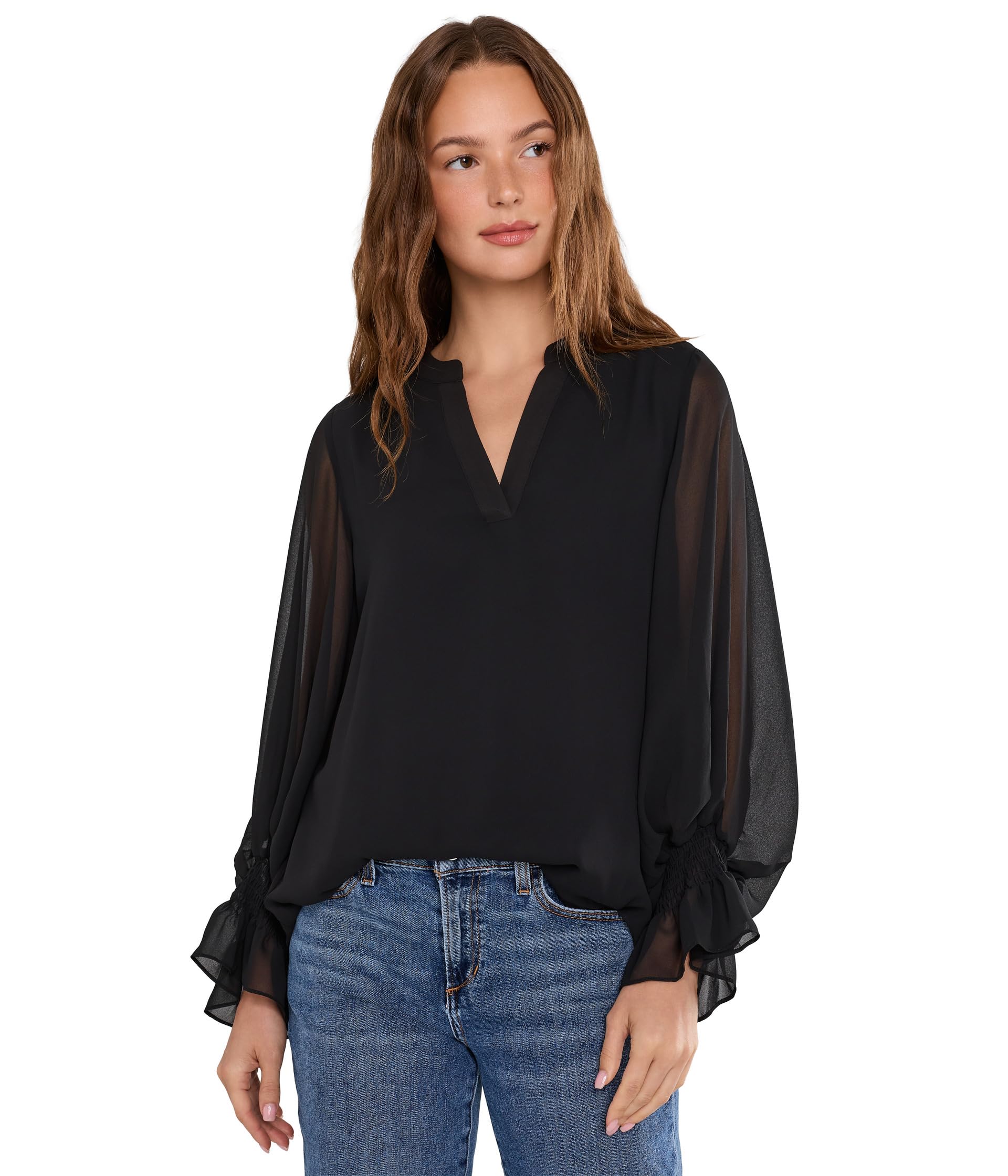 Split Neck Long Sleeve Blouse with Smocked Cuff