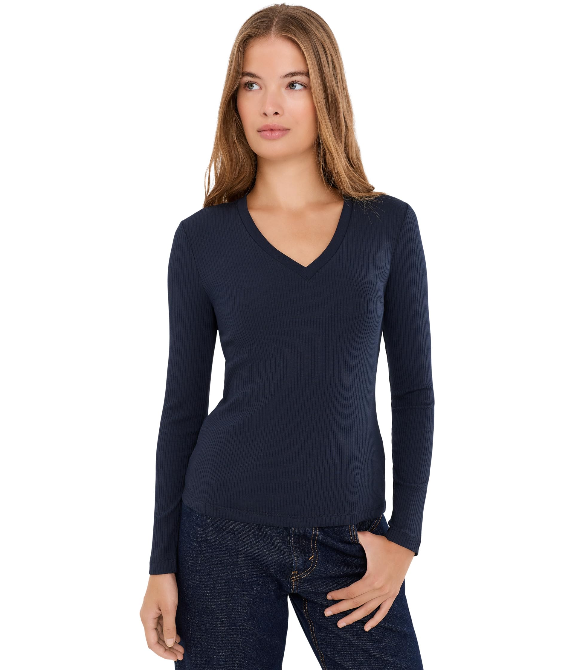 Rib-Knit Long Sleeve V-Neck Top