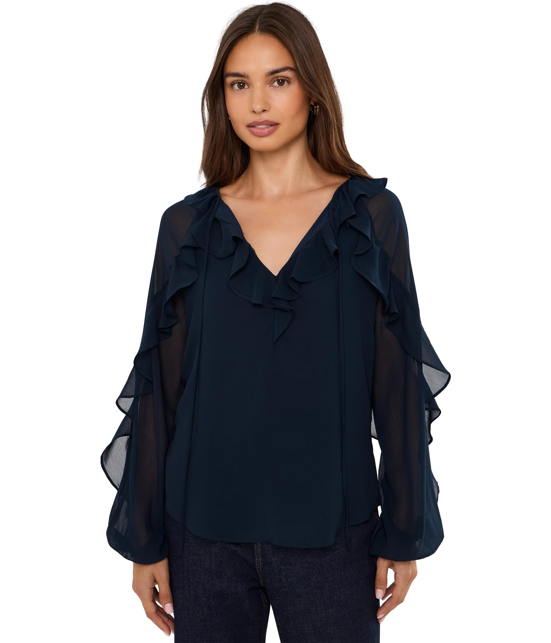 Ruffle-Trim Crinkle Georgette Blouse
