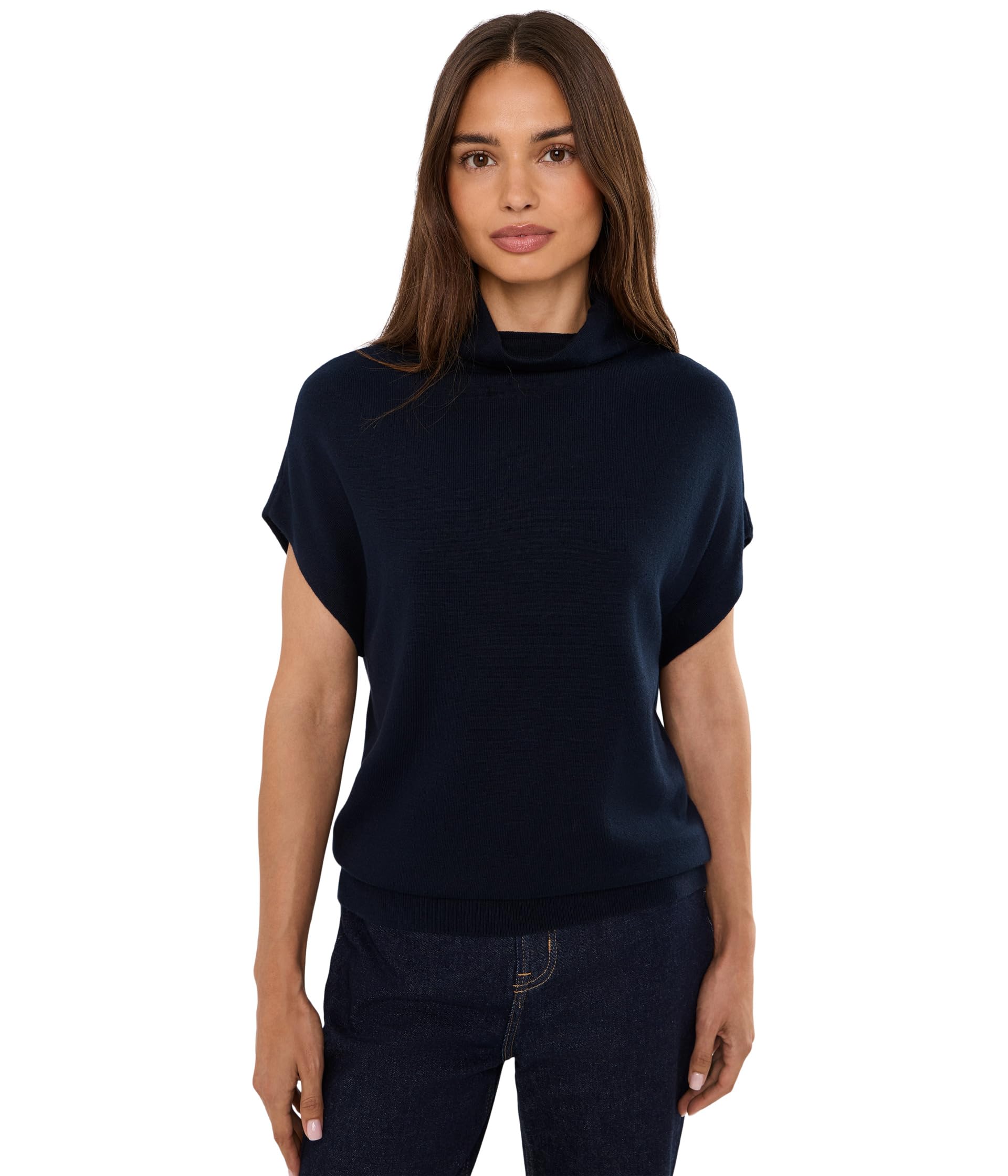 Cotton-Modal Mock Neck Cap-Sleeve Sweater