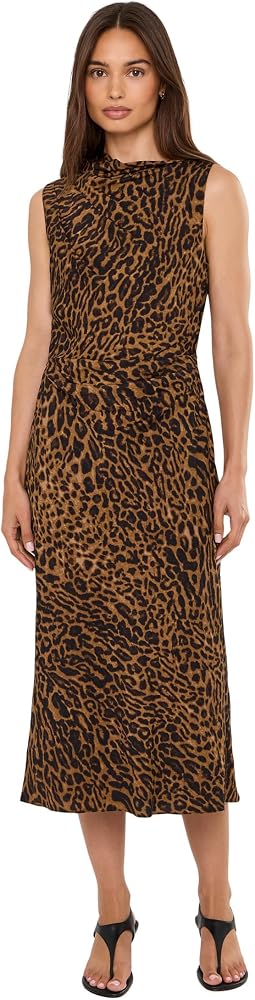 Ocelot-Print Pleated Crepe Dress