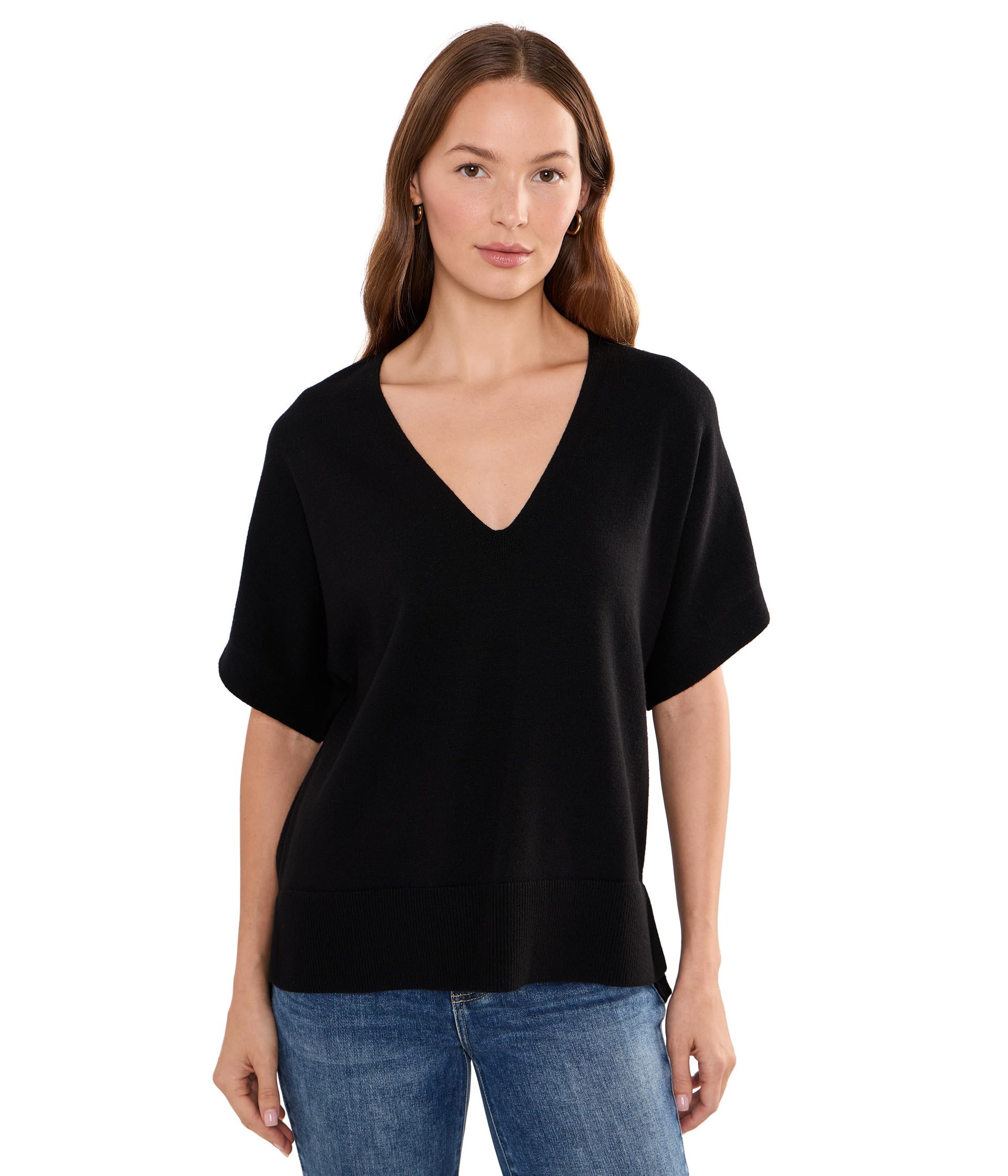 Short Sleeve V-Neck Dolman Popover Sweater with Step Hem