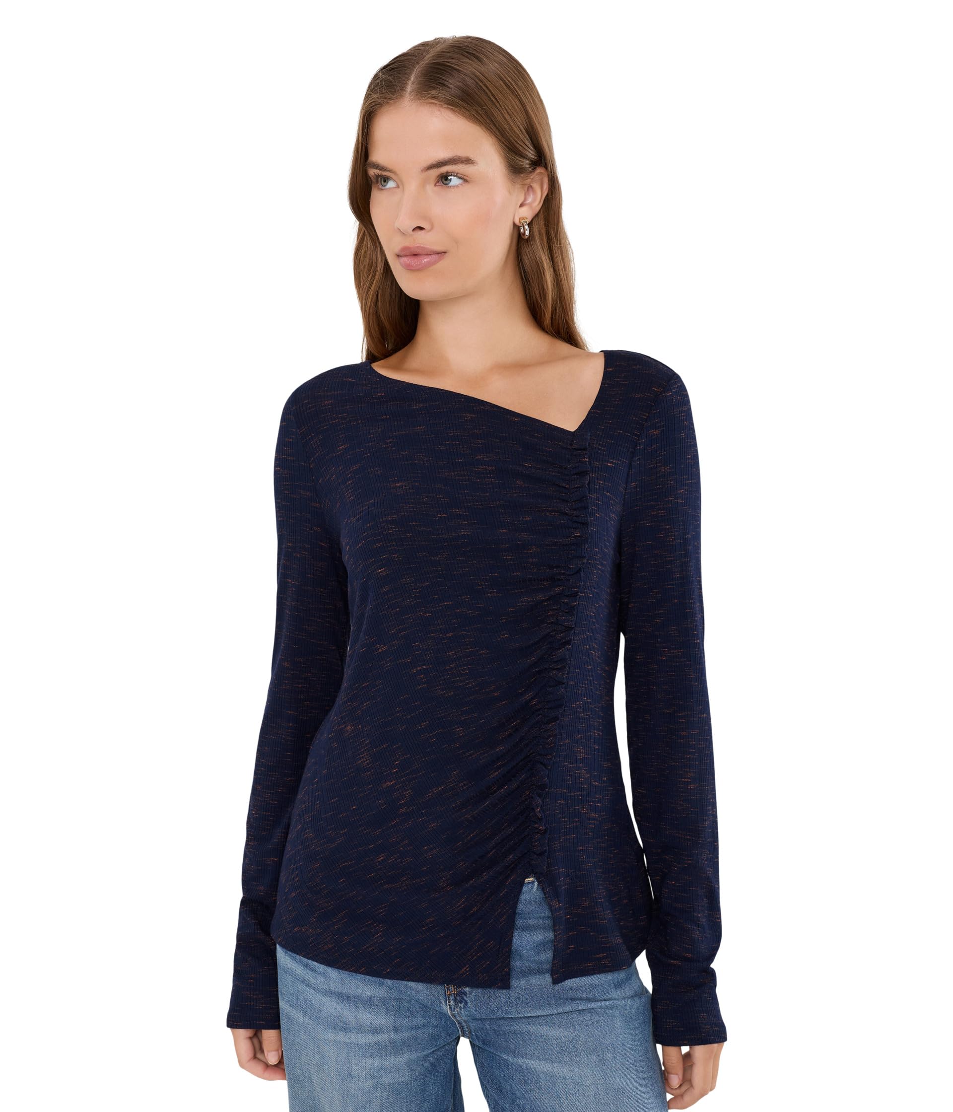 Long Sleeve Asymmetrical Neck with Ruffle Knit Top