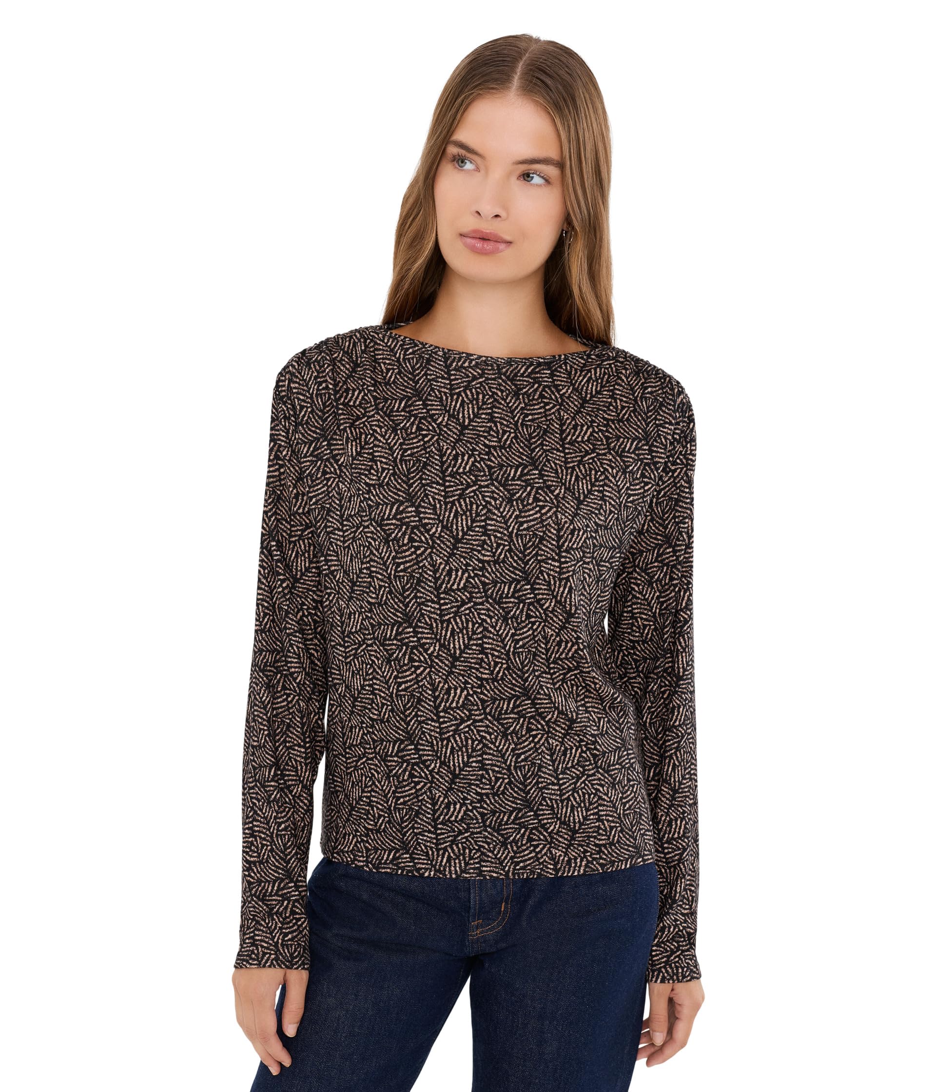 Long Sleeve Jewel Neck Knit Top with Shirring