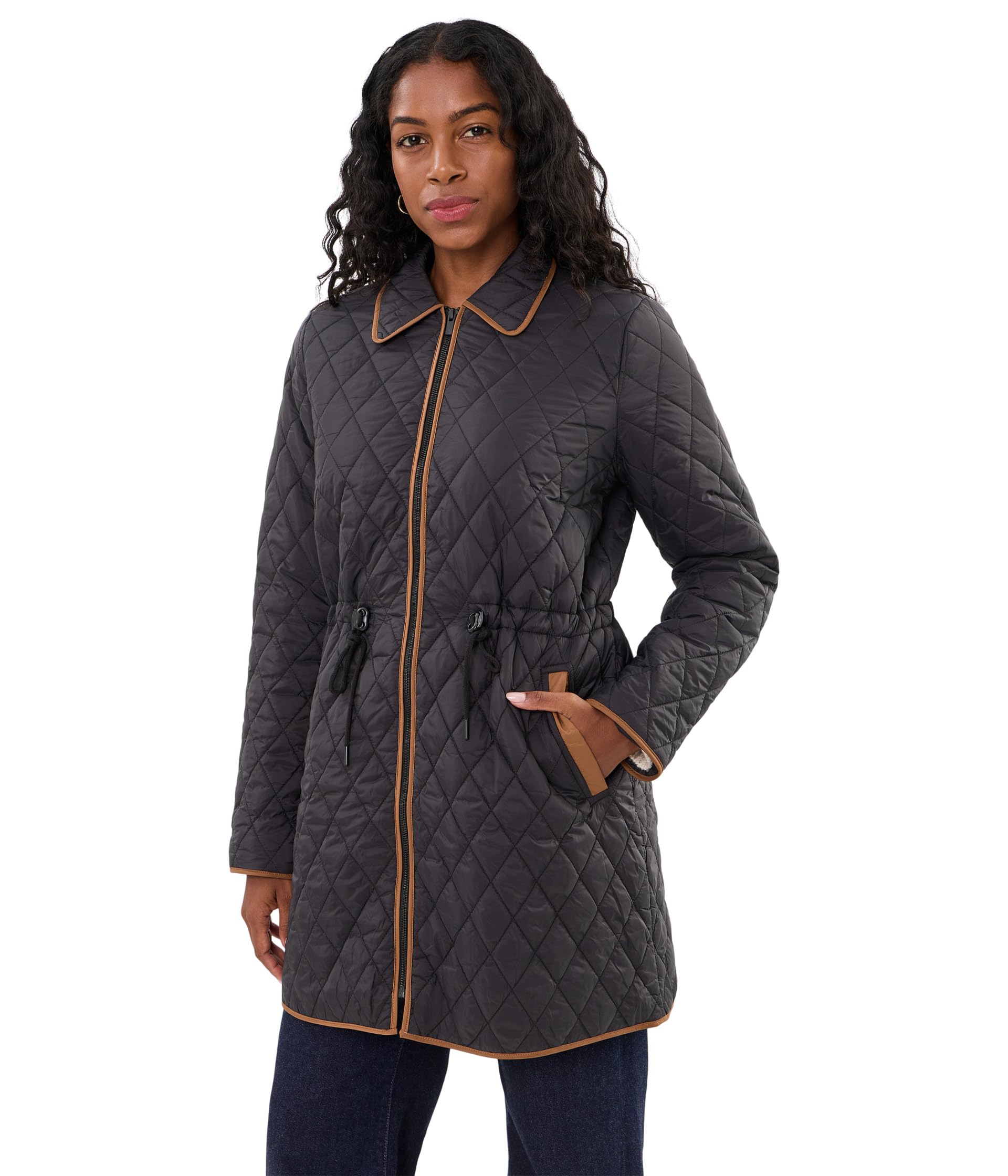 Zip Front Quilted Coat with Cinched Waist