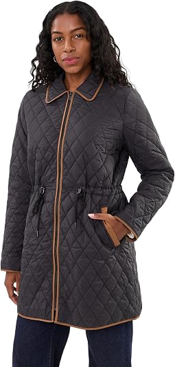 Zip Front Quilted Coat with Cinched Waist