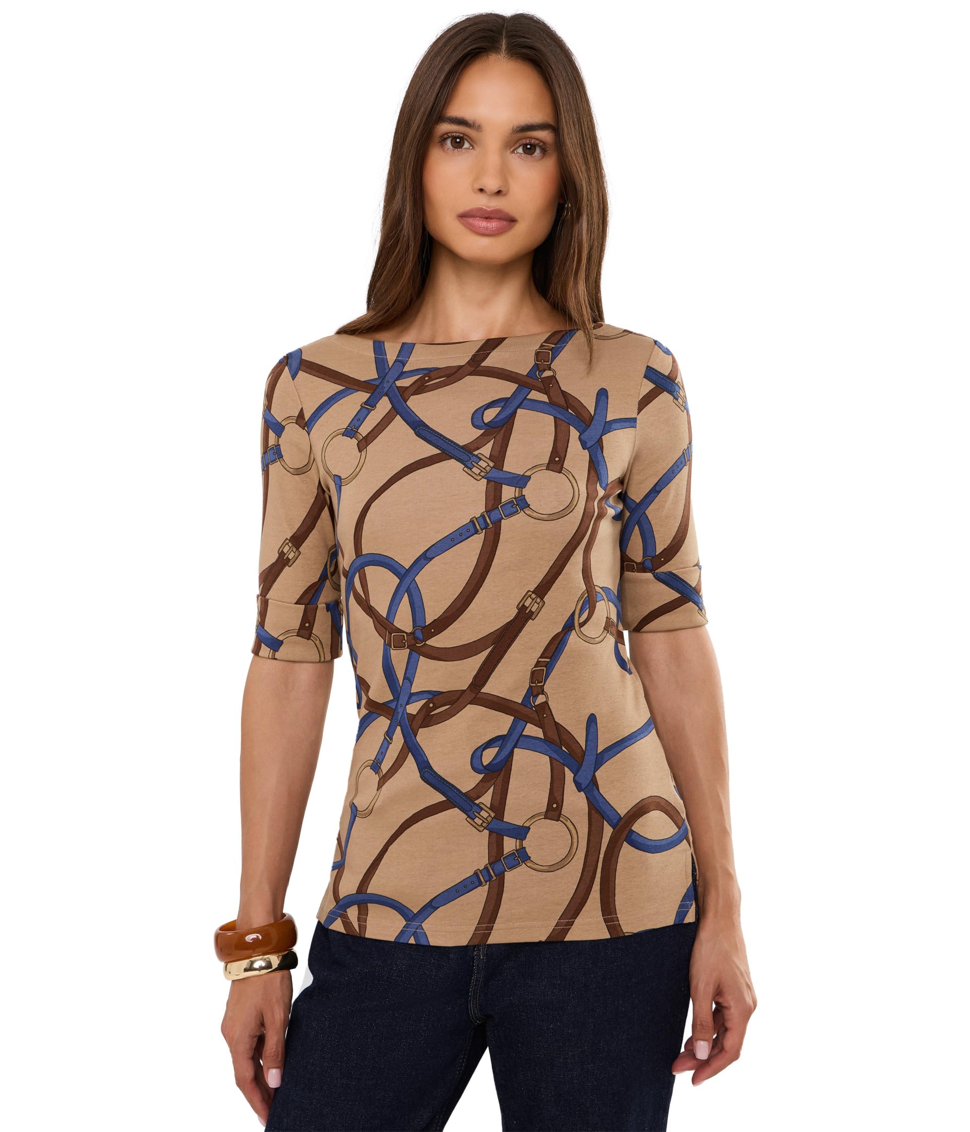 Belting-Print Cotton Boatneck Tee