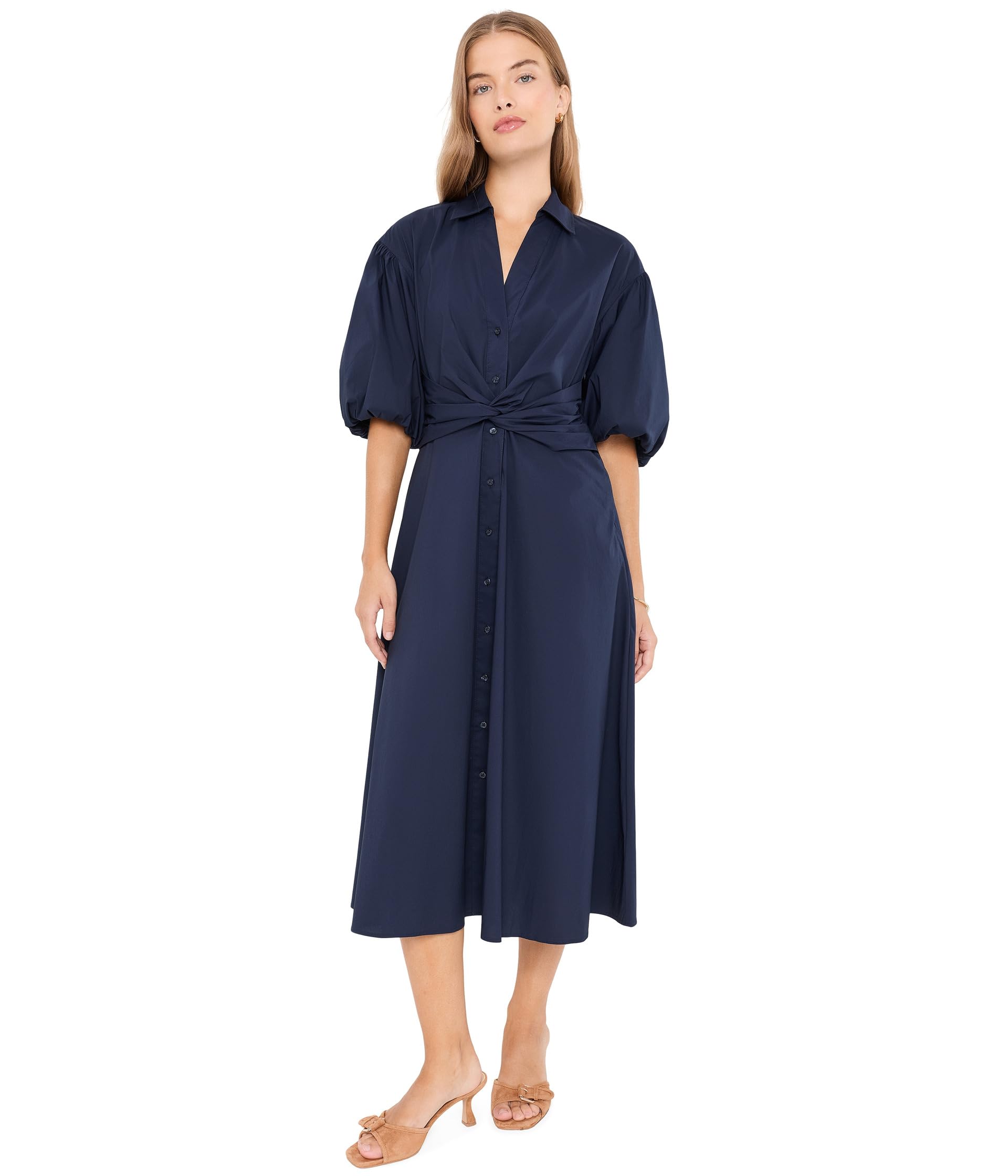 Petite Twist-Front Bubble-Sleeve Shirtdress
