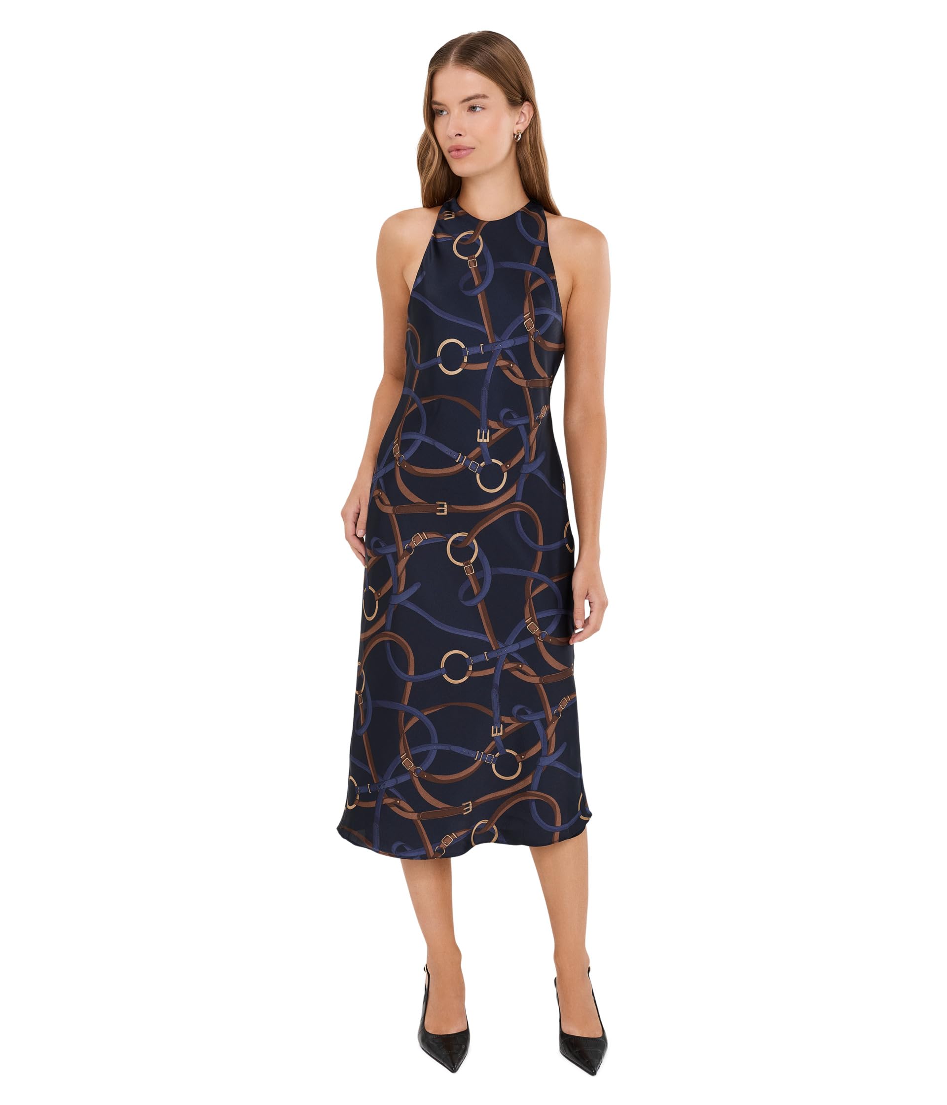 Petite Belting-Print Twill Sleeveless Dress