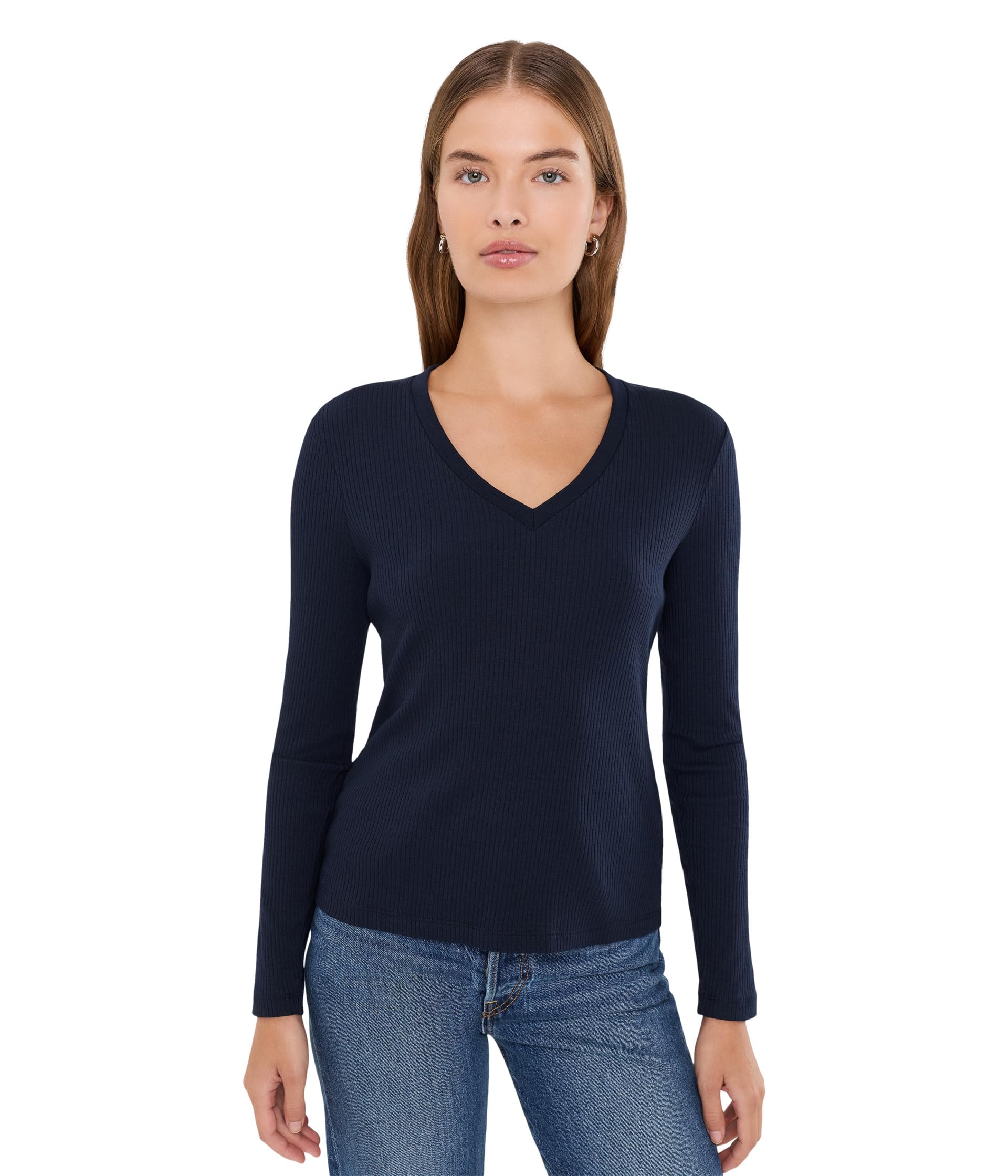 Petite Rib-Knit Long Sleeve V-Neck Top