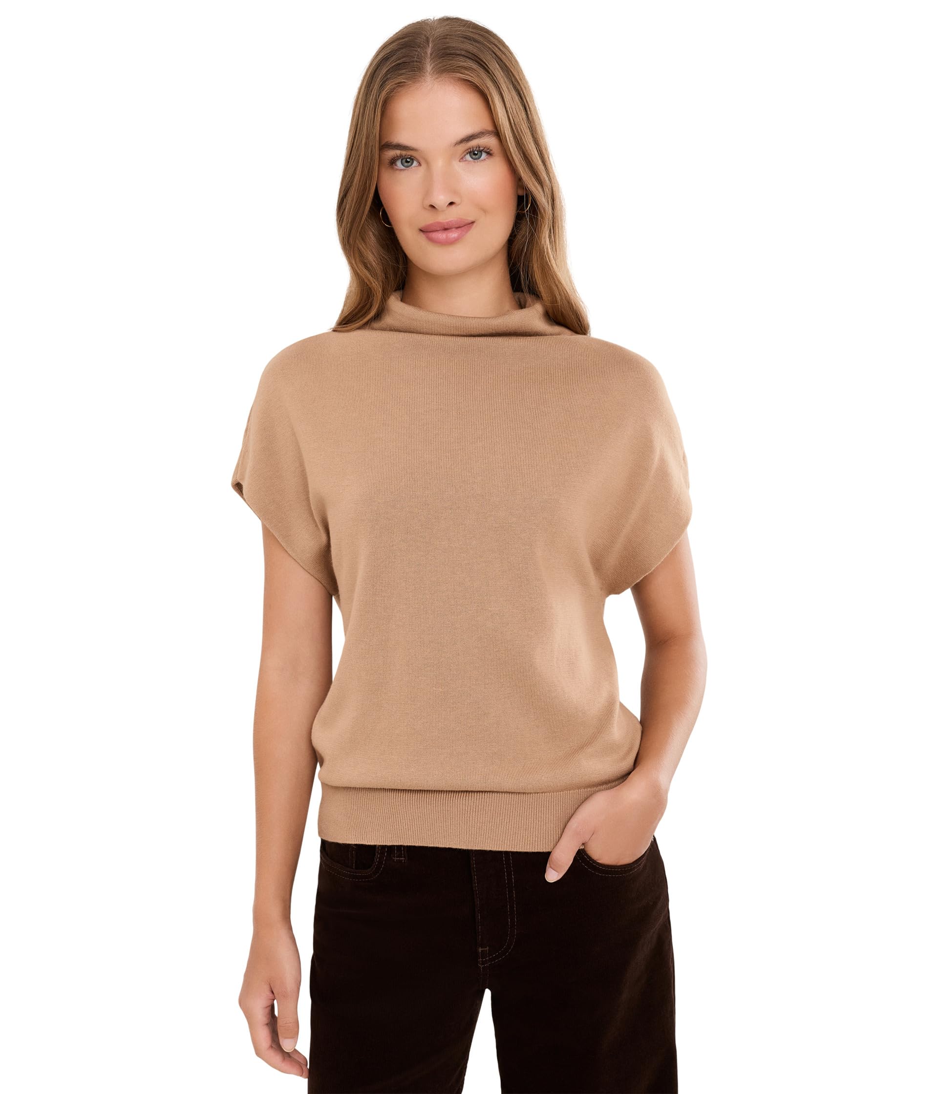 Petite Cotton-Modal Mock Neck Cap-Sleeve Sweater