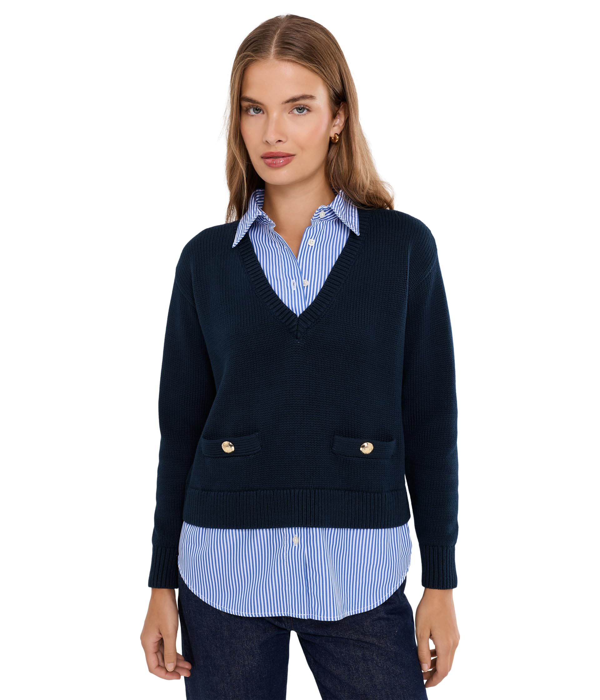 Petite Layered Button-Trim Cotton Sweater