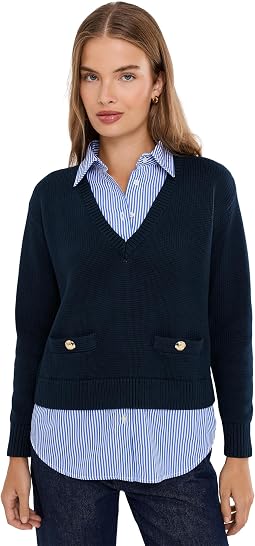 Petite Layered Button-Trim Cotton Sweater