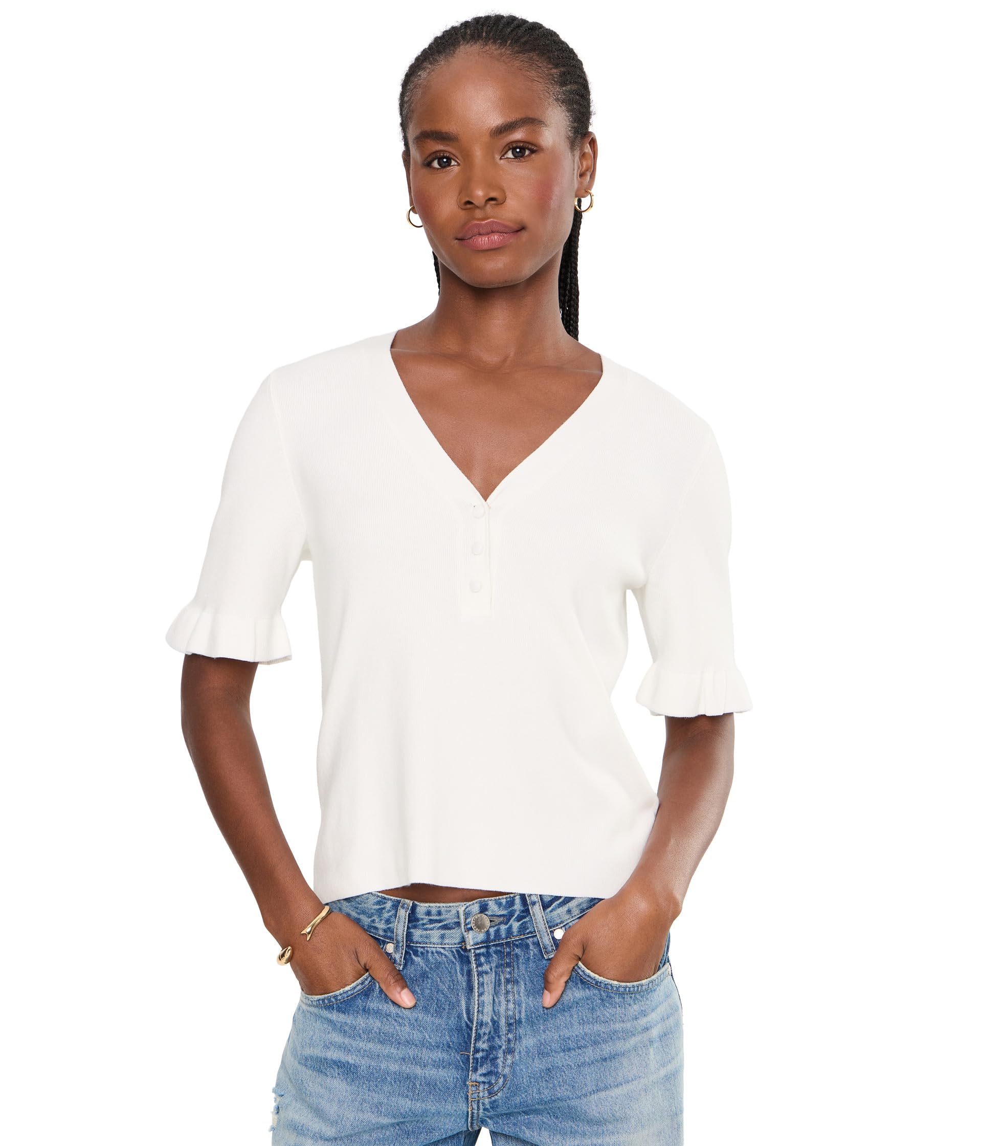 V-Neck Elbow Sleeve Sweater Top with Ruffle