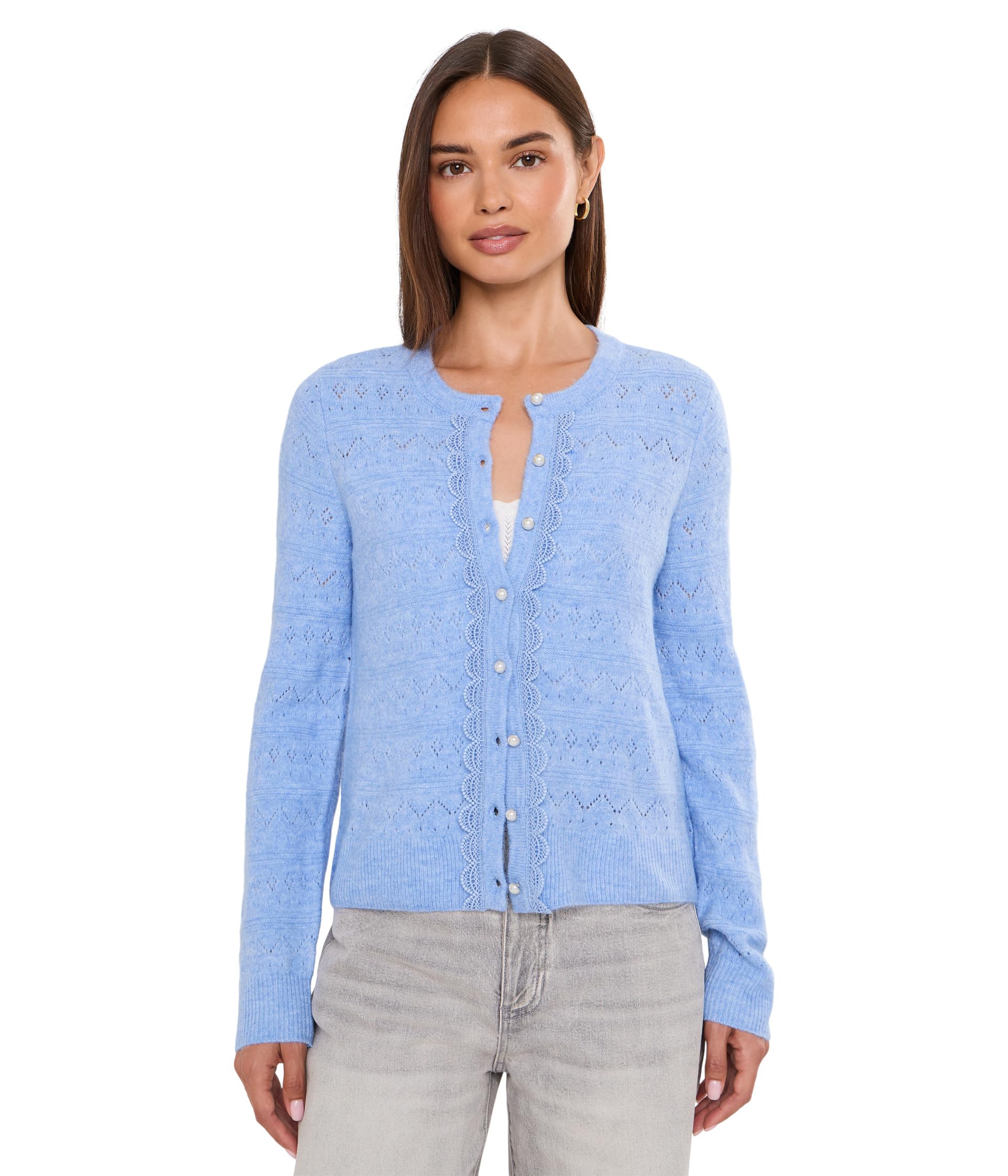 Long Sleeve Pointelle Cardigan with Lace Placket