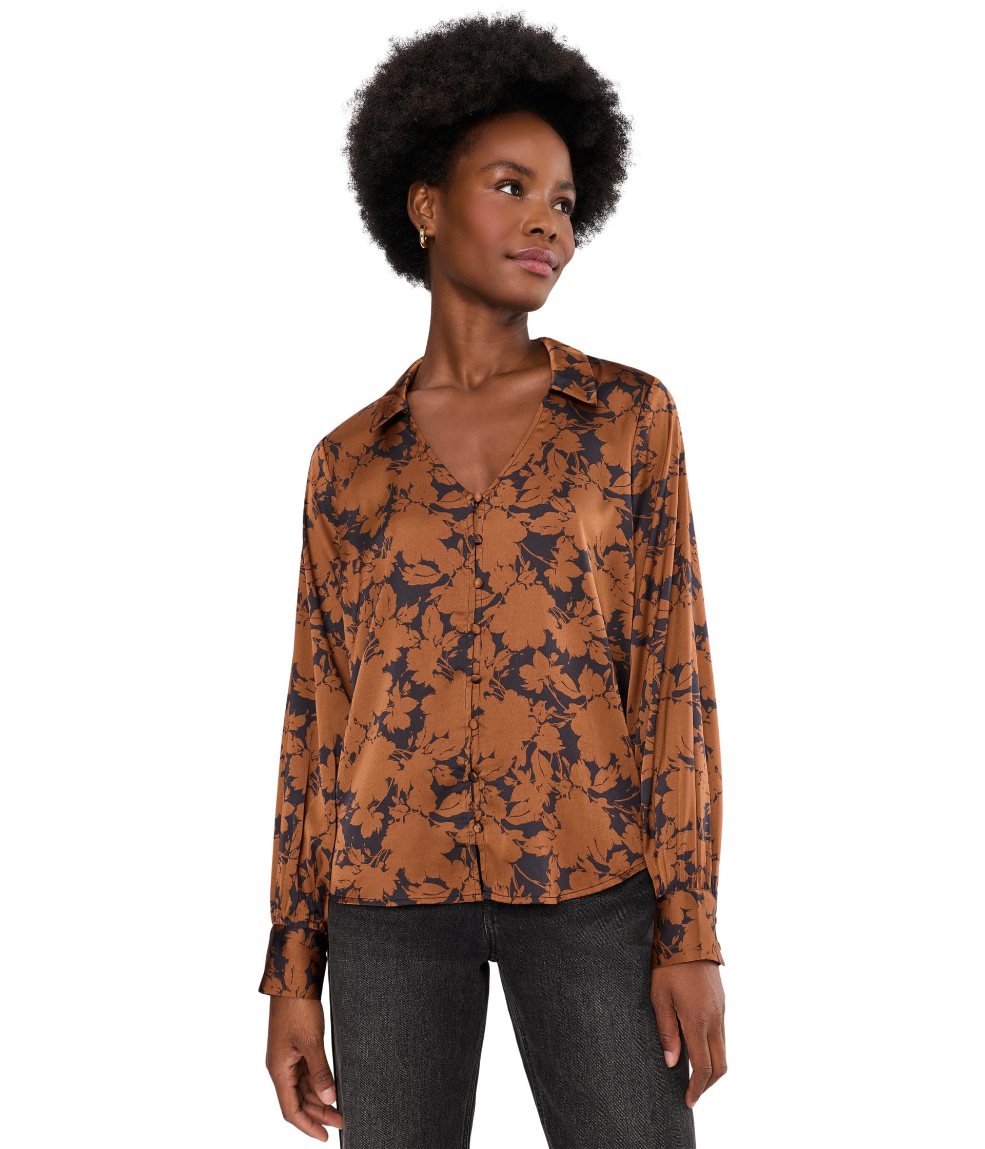 Long Sleeve Button Front Woven Blouse