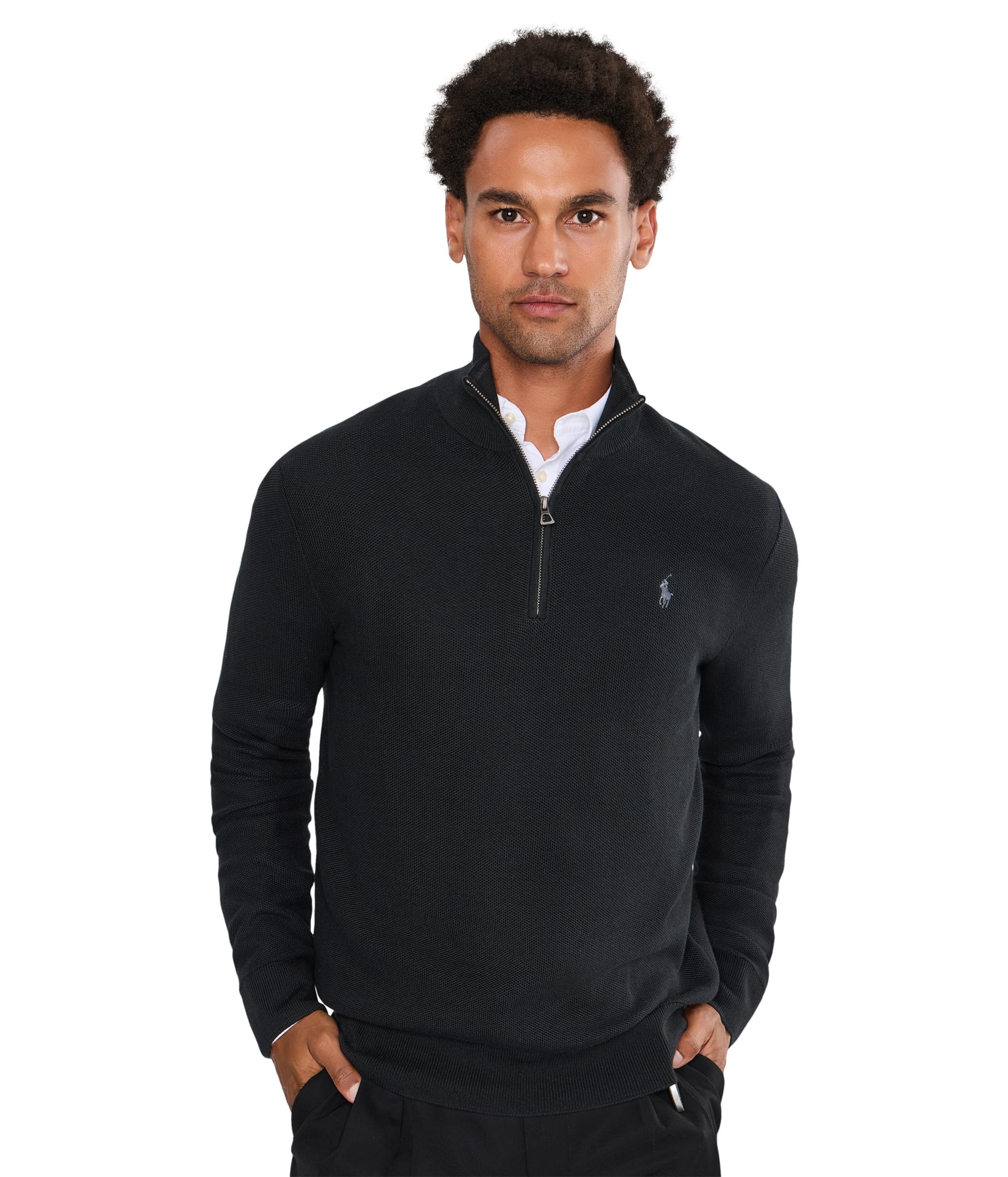 Mesh-Knit Cotton 1/4 Zip Sweater