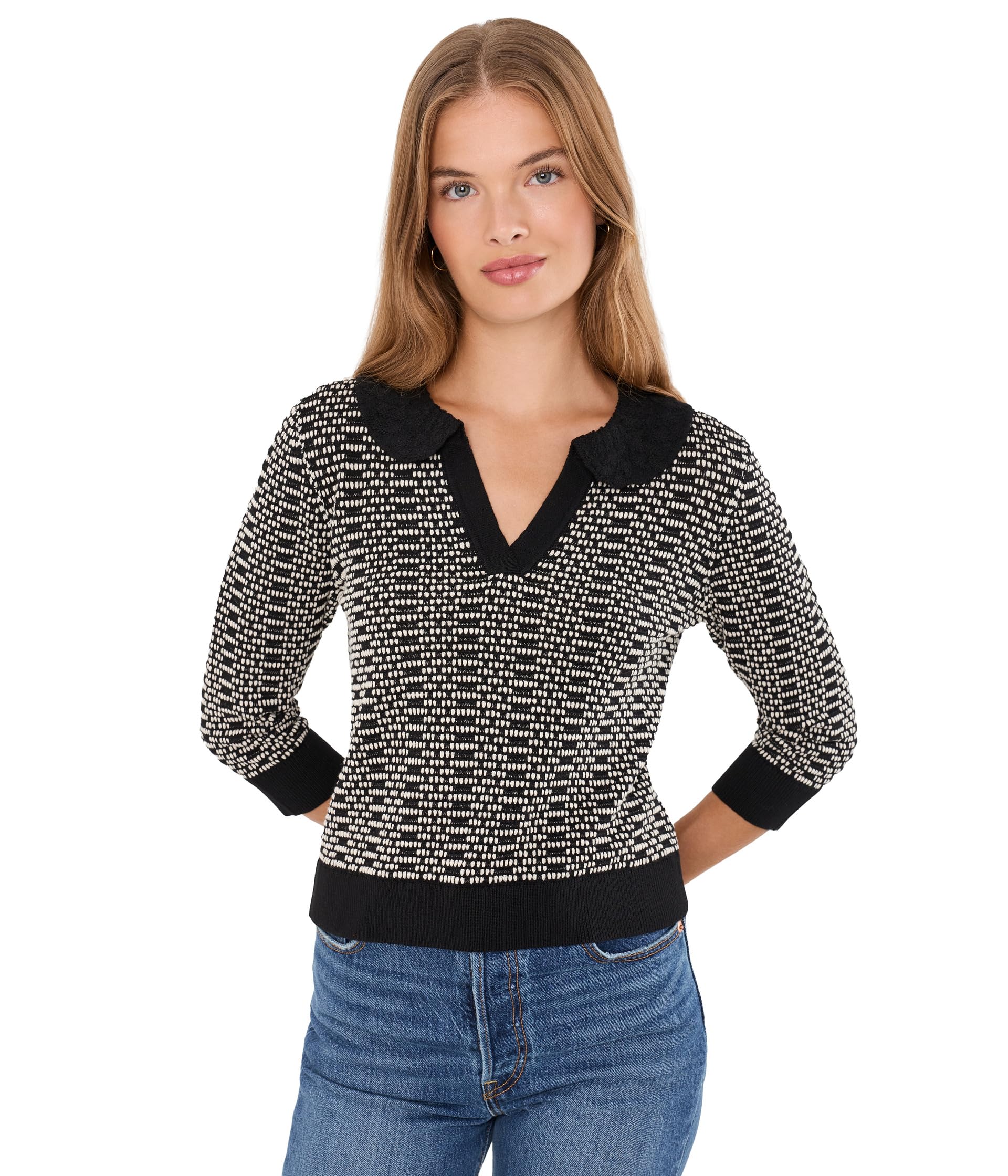 Petite Lace Trim Geo Stitch Sweater