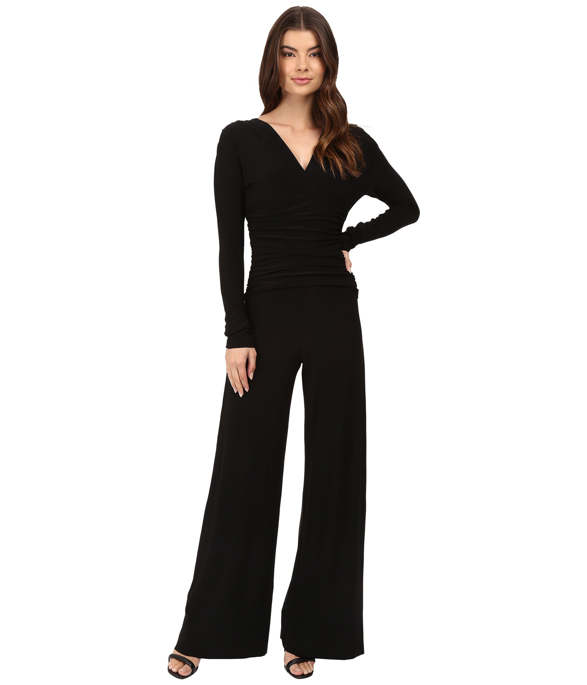 V-Neck Long Sleeve Shirred Waist Jumpsuit