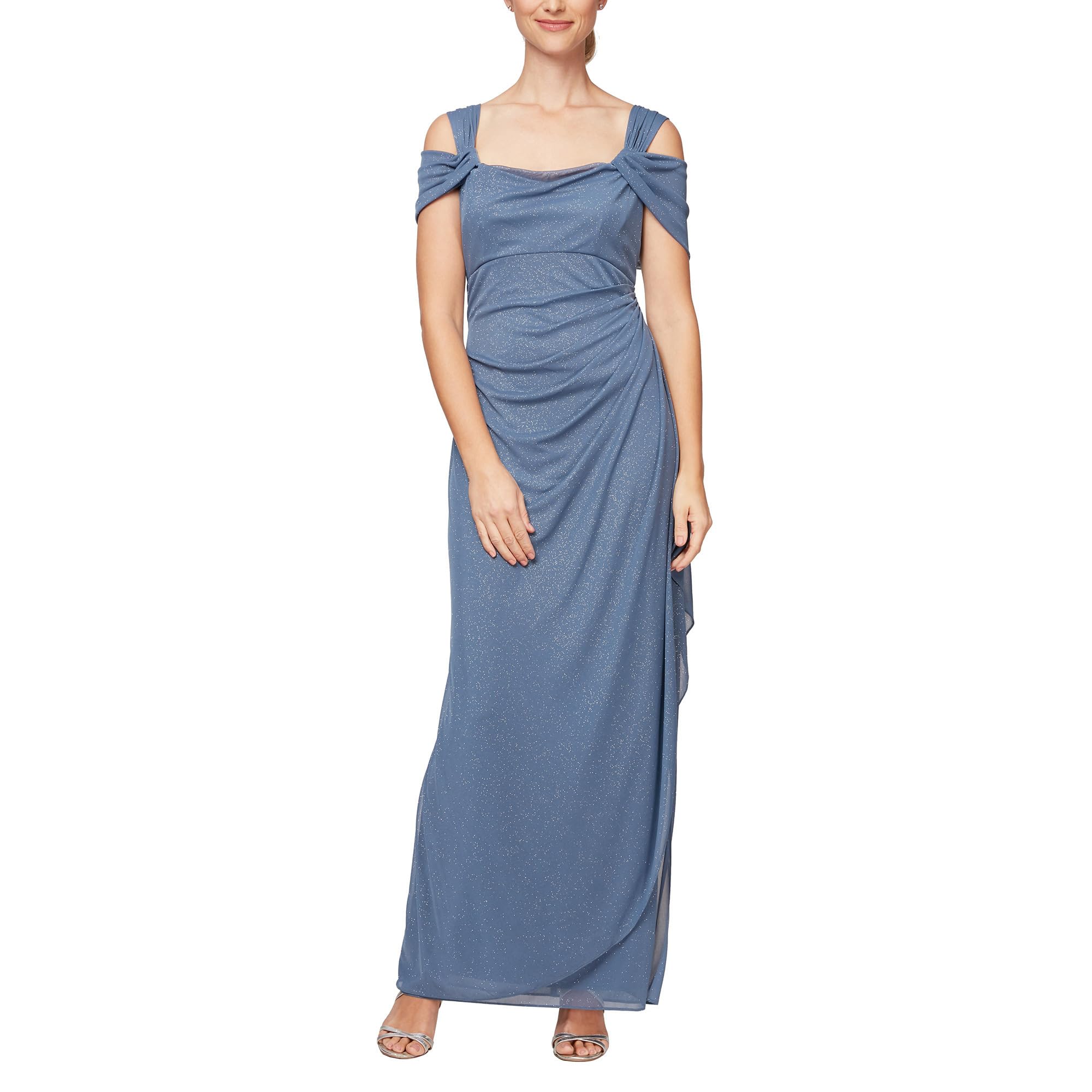 Long Glitter Mesh Cold Shoulder Dress