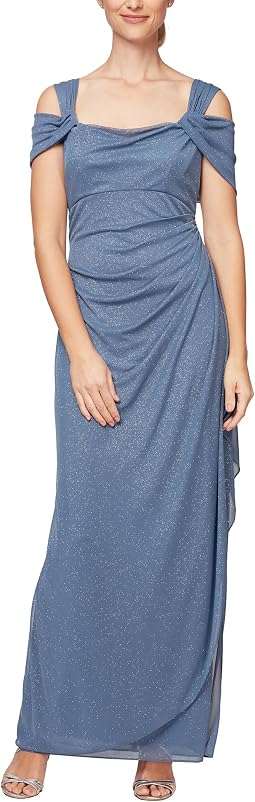 Long Glitter Mesh Cold Shoulder Dress