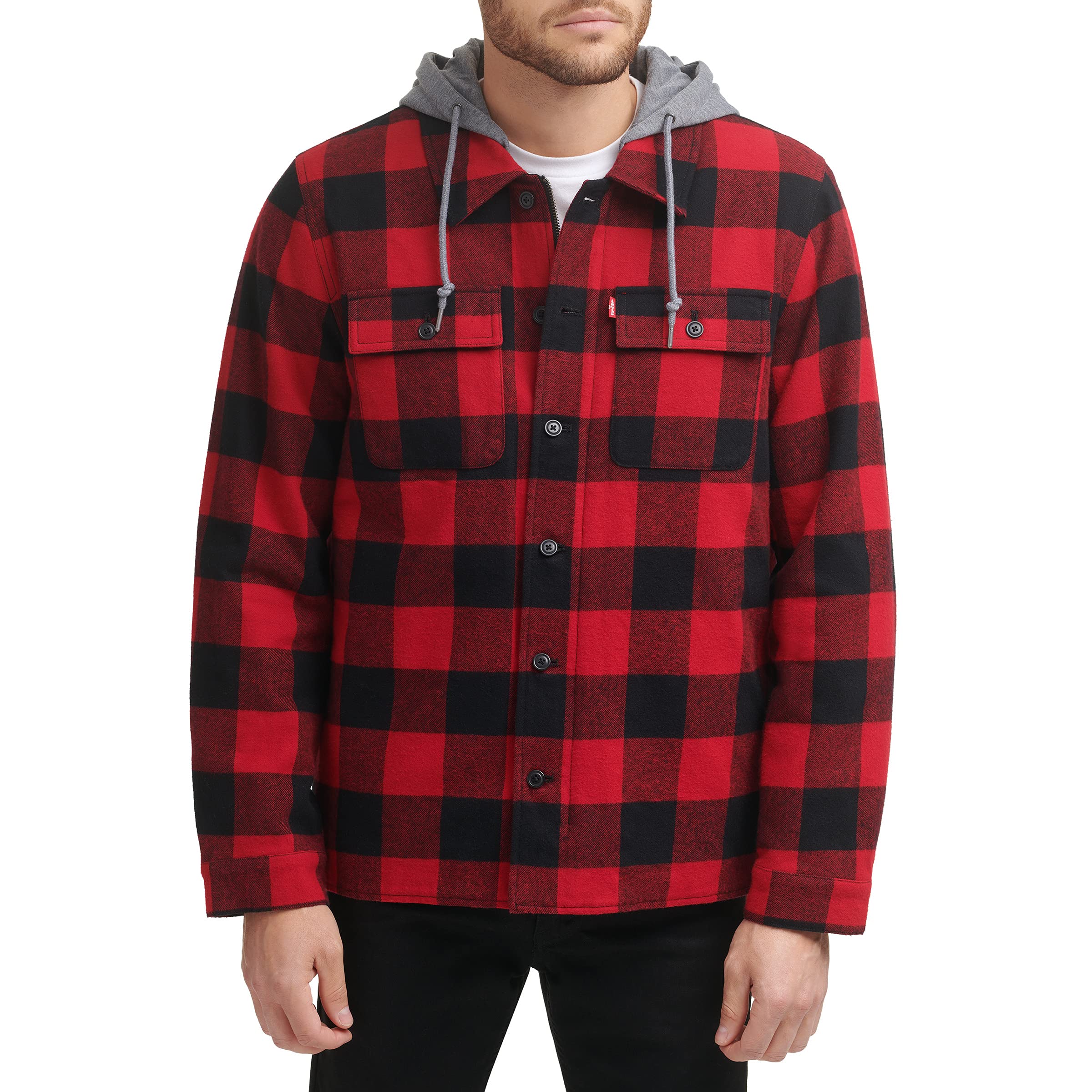 Washed Cotton Shirt Jacket with A Jersey Hood and Sherpa Lining