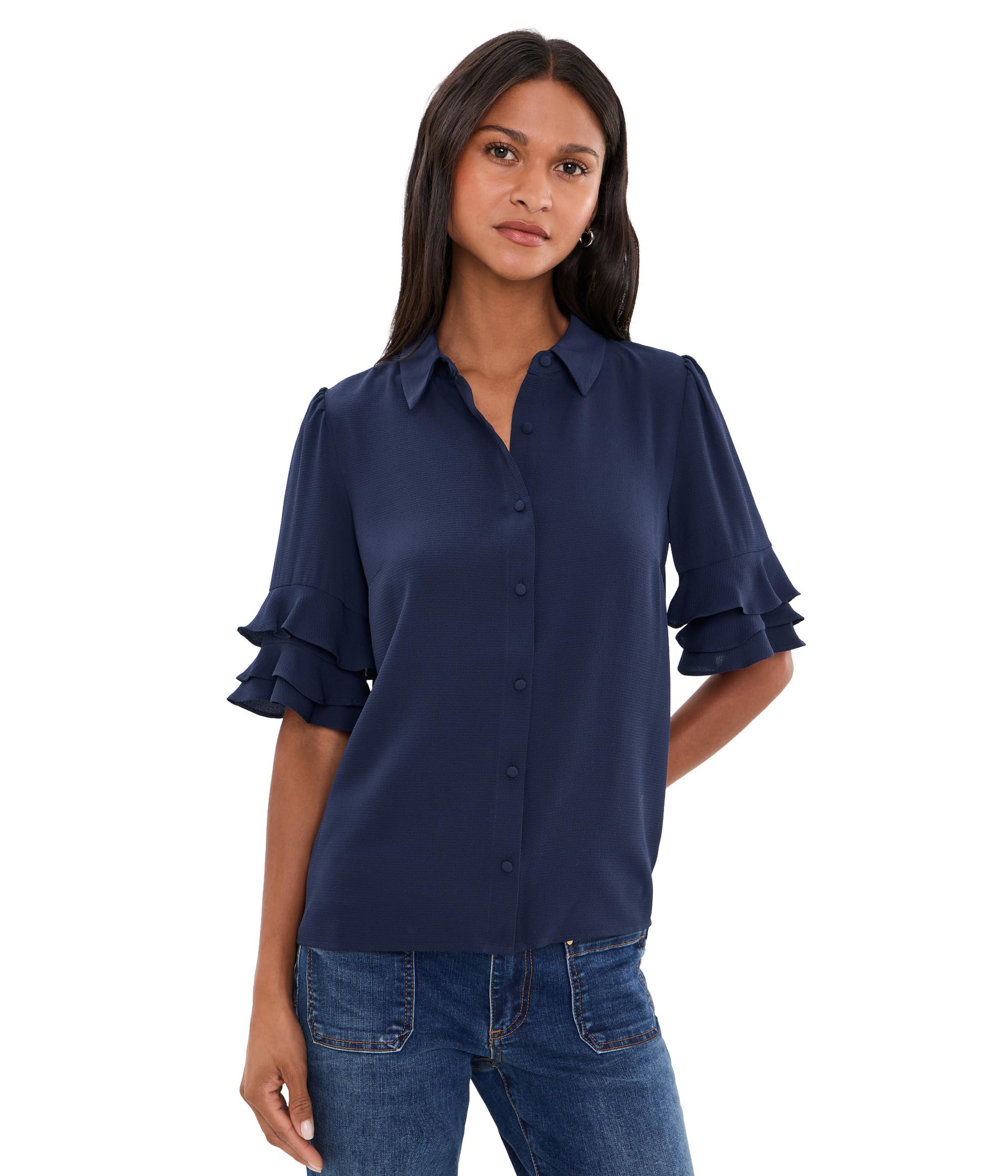 Long Sleeve Collared Blouse w/ Ruffle Hem