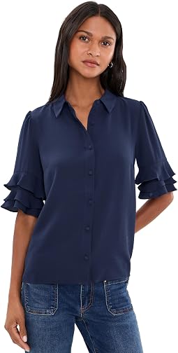 Long Sleeve Collared Blouse w/ Ruffle Hem