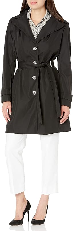 Single Breasted Belted Rain Jacket with Removable Hood