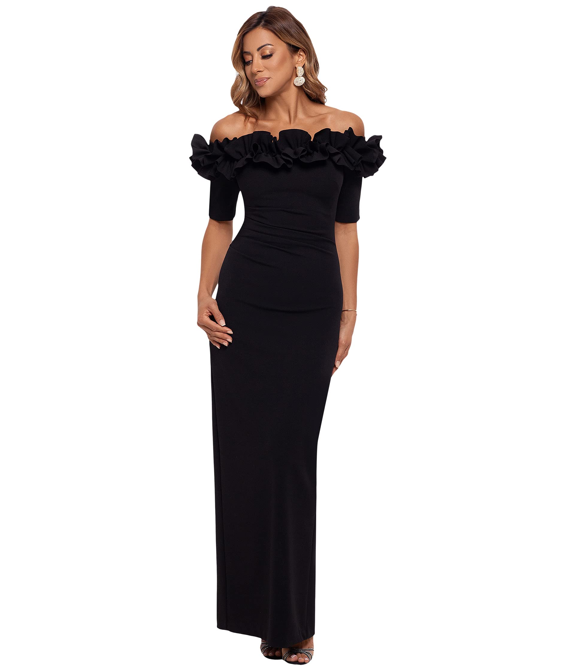 Long Crepe Off The Shoulder Ruffle Short Sleeve