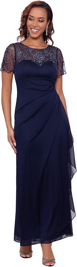 Long Sheer Matte Jersey Side Ruched Bead Flutter Sleeve