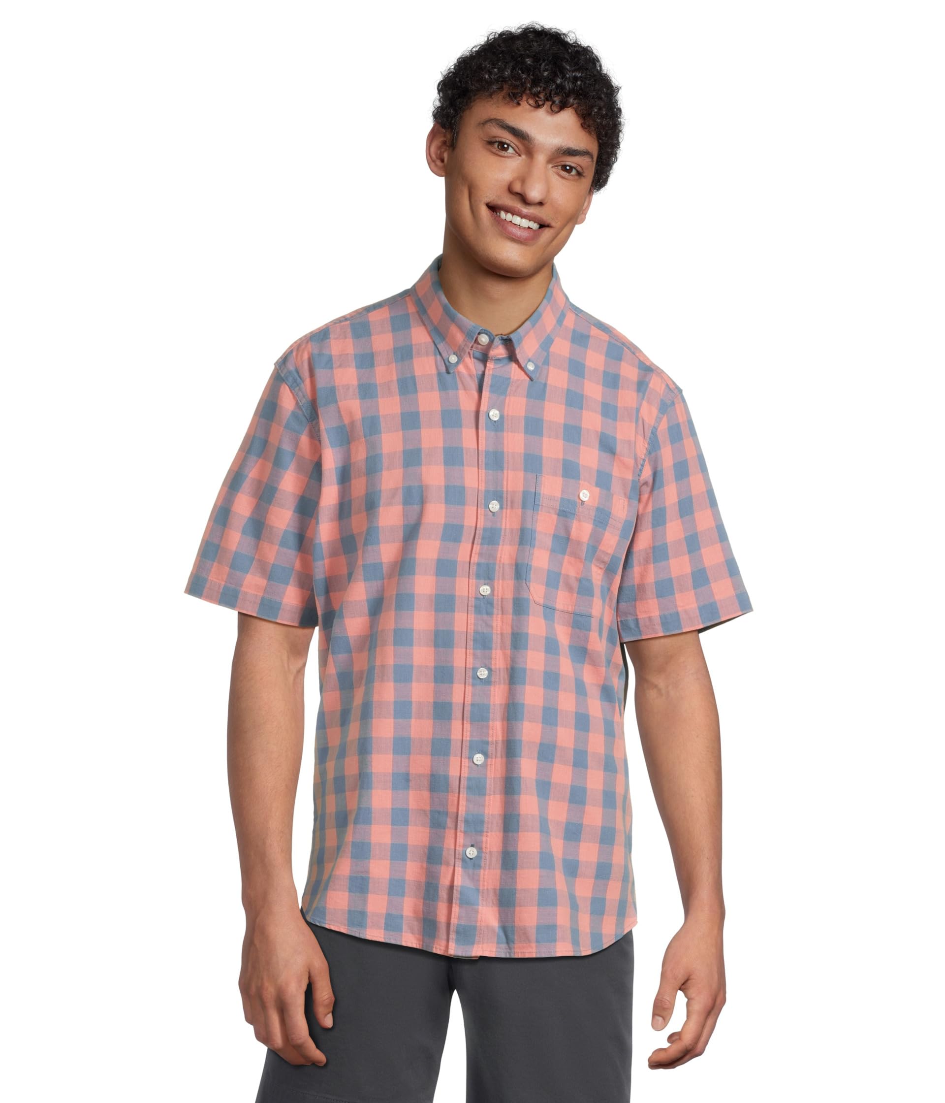 Comfort Stretch Chambray Shirt Short Sleeve Traditional Fit Plaid