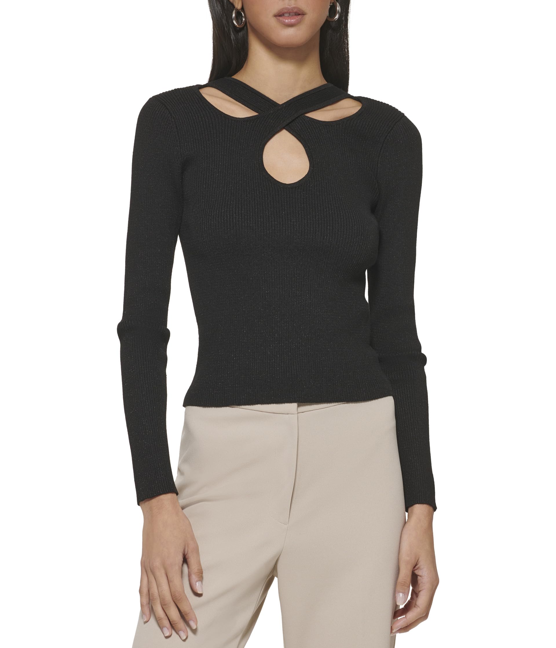 Long Sleeve Rib Lurex Cutout Sweater