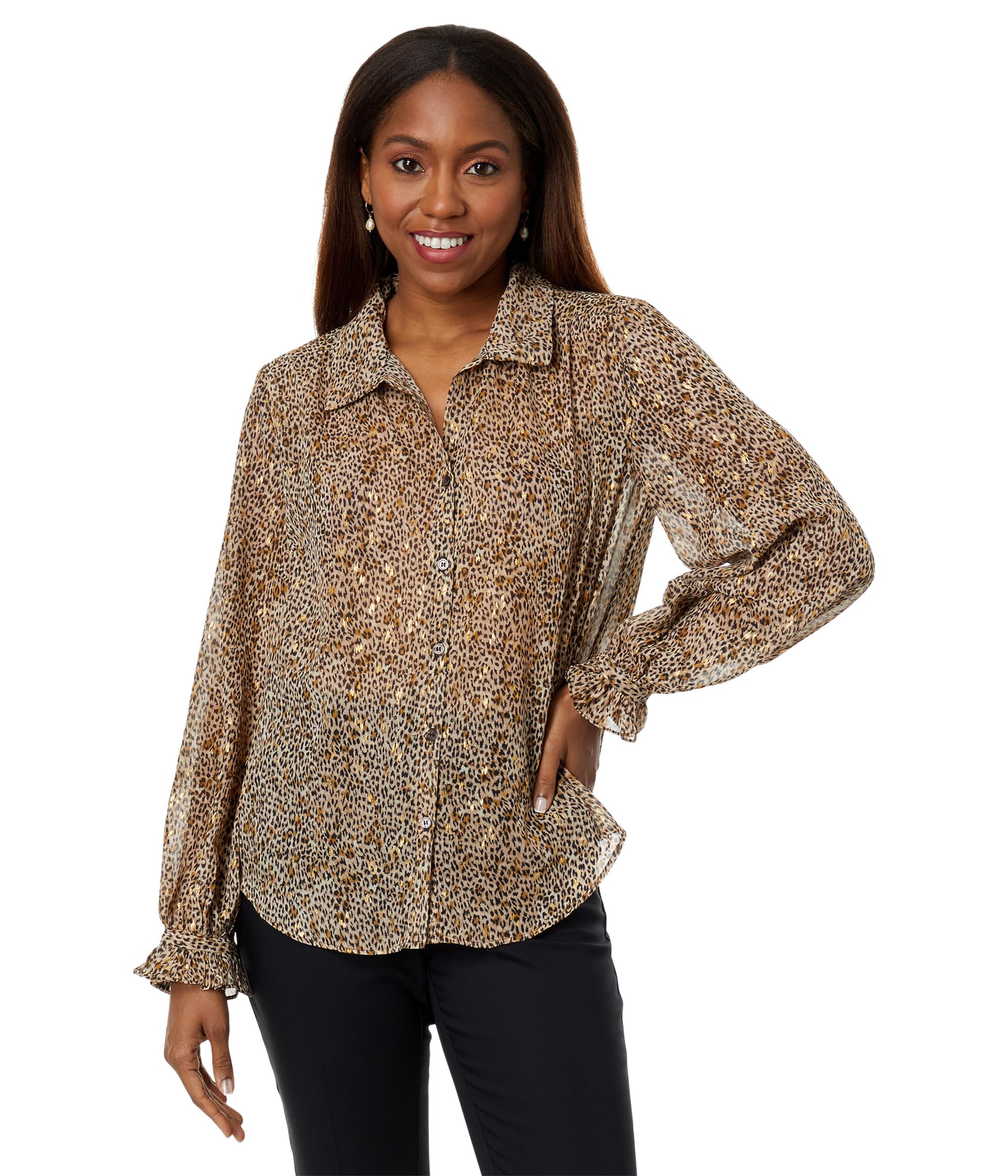 Long Sleeve V-Neck Button-Down Blouse