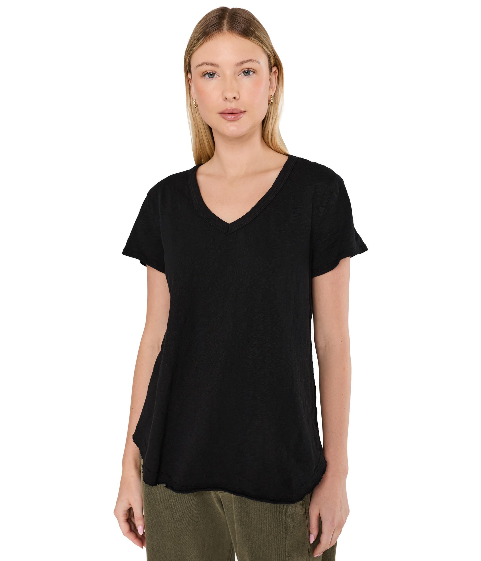 Short Sleeve V-Neck Tee with Curved Hem