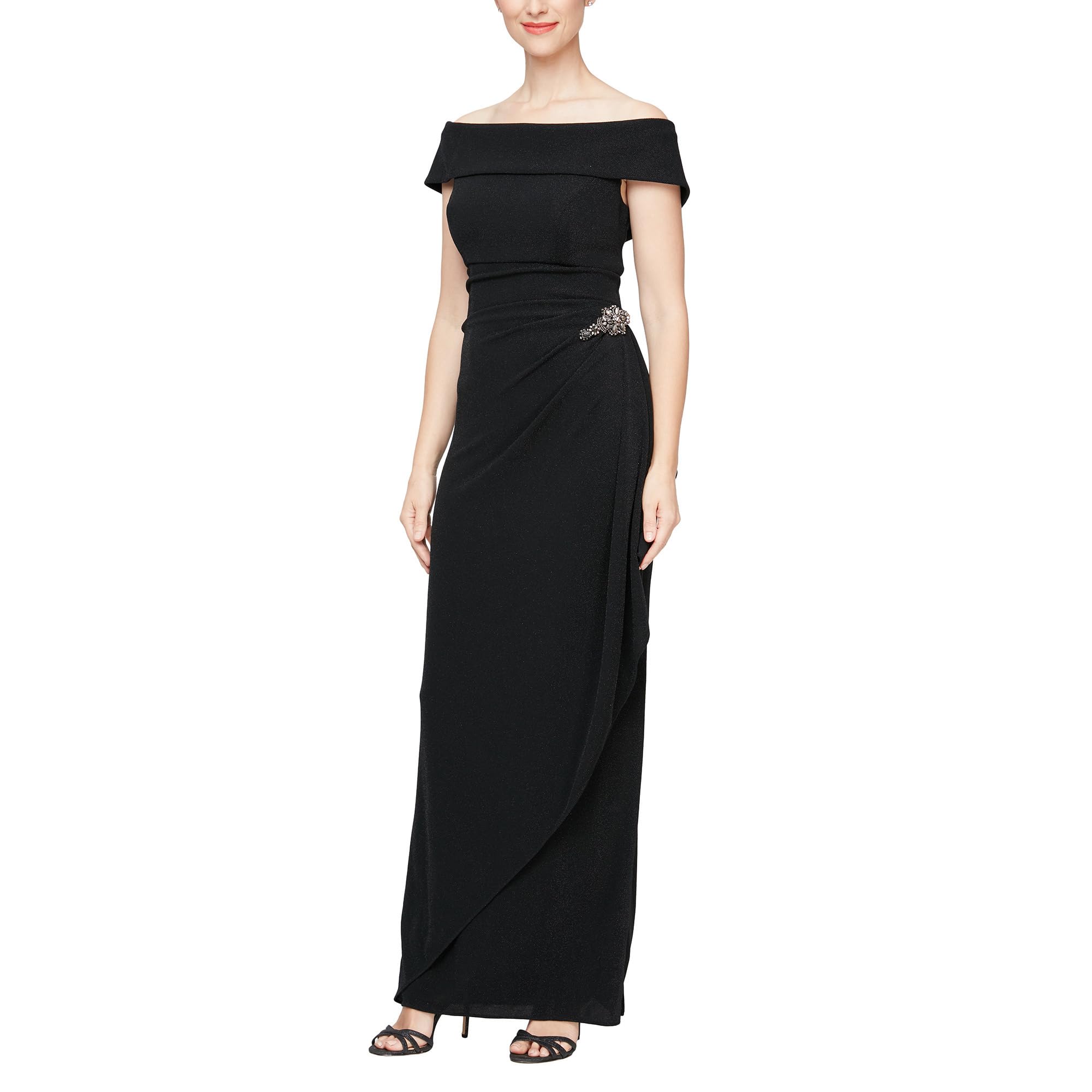 Long Metallic Knit Off-the-Shoulder Dress w/Hip Embellishment