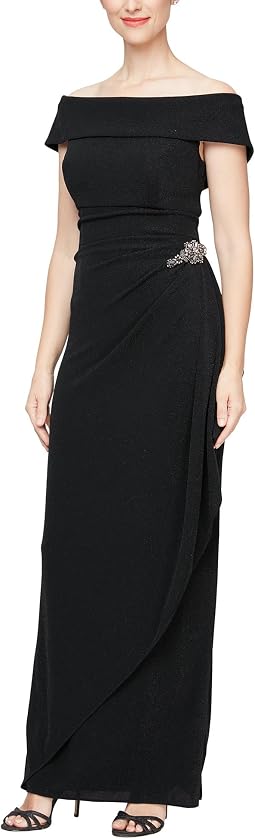 Long Metallic Knit Off-the-Shoulder Dress w/Hip Embellishment