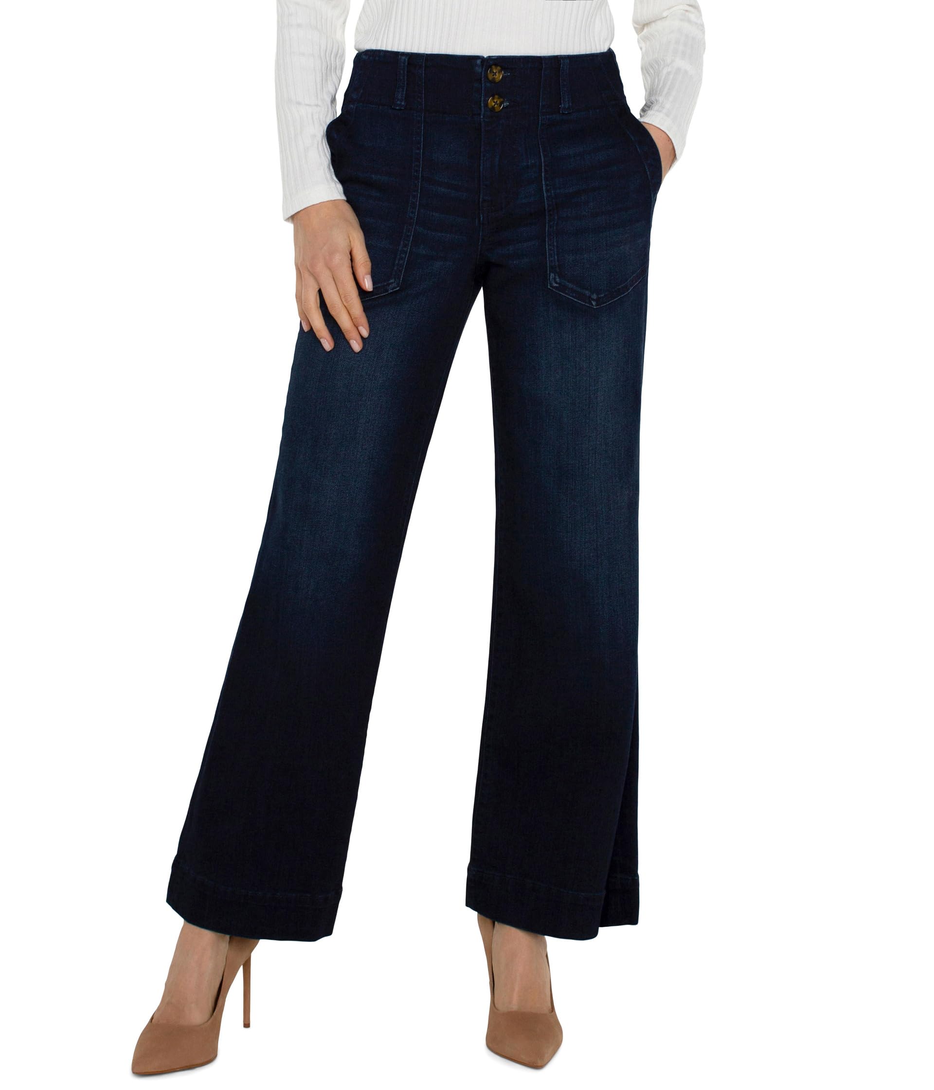 Patch Pocket Mid-Rise Wide Leg Stretch Denim