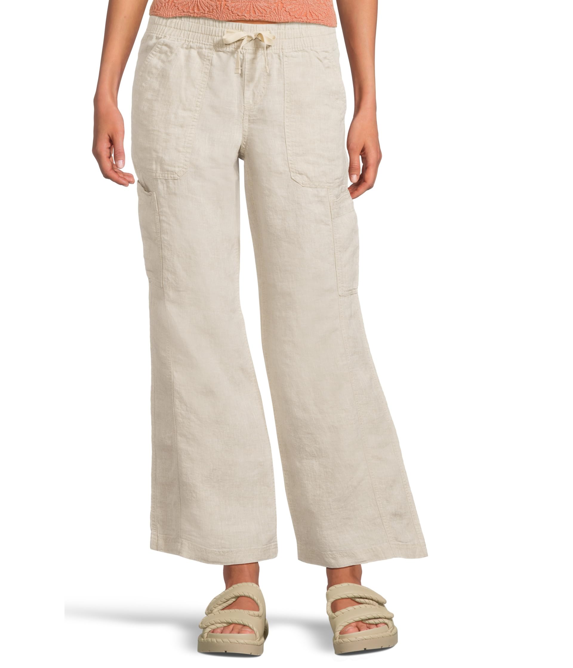 Premium Linen Breezy Mid-Rise Wide Leg Utility Pull-On Pants