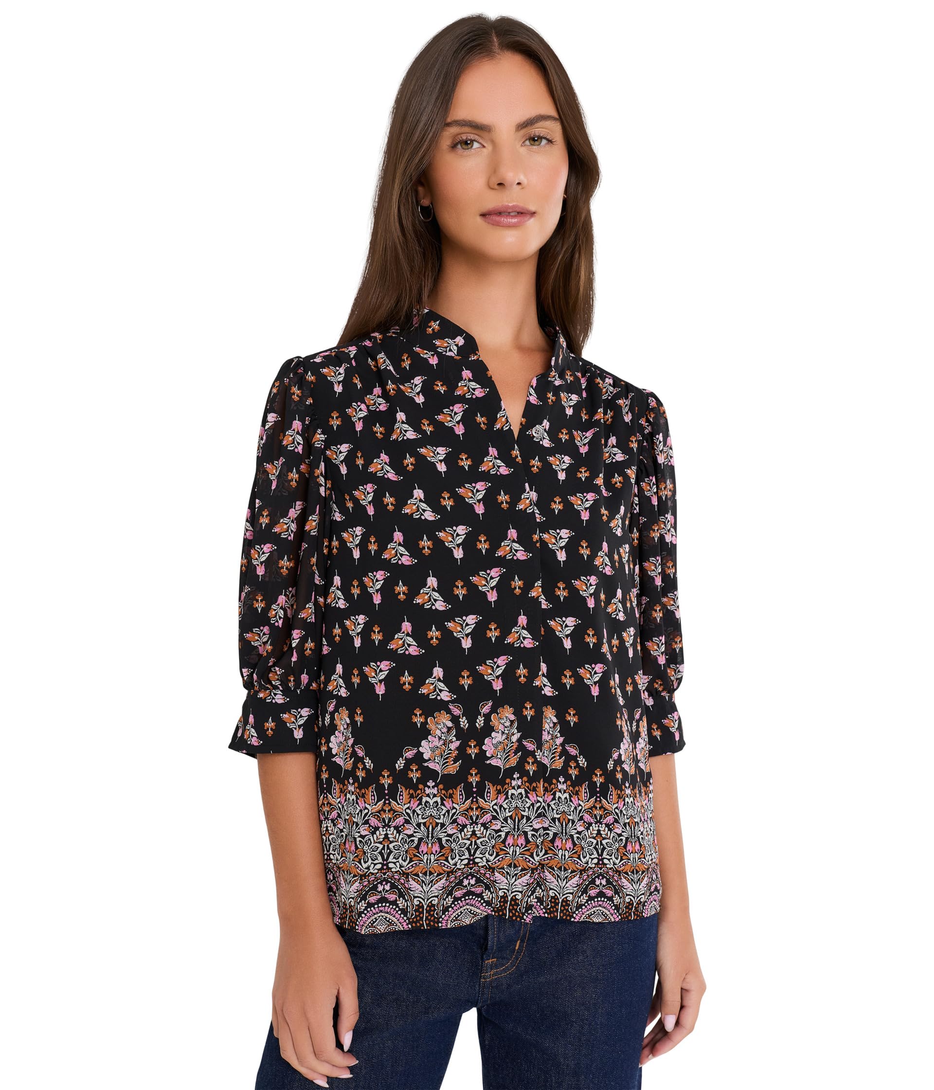 Open Collar Short Sleeve Top with Hidden Placket